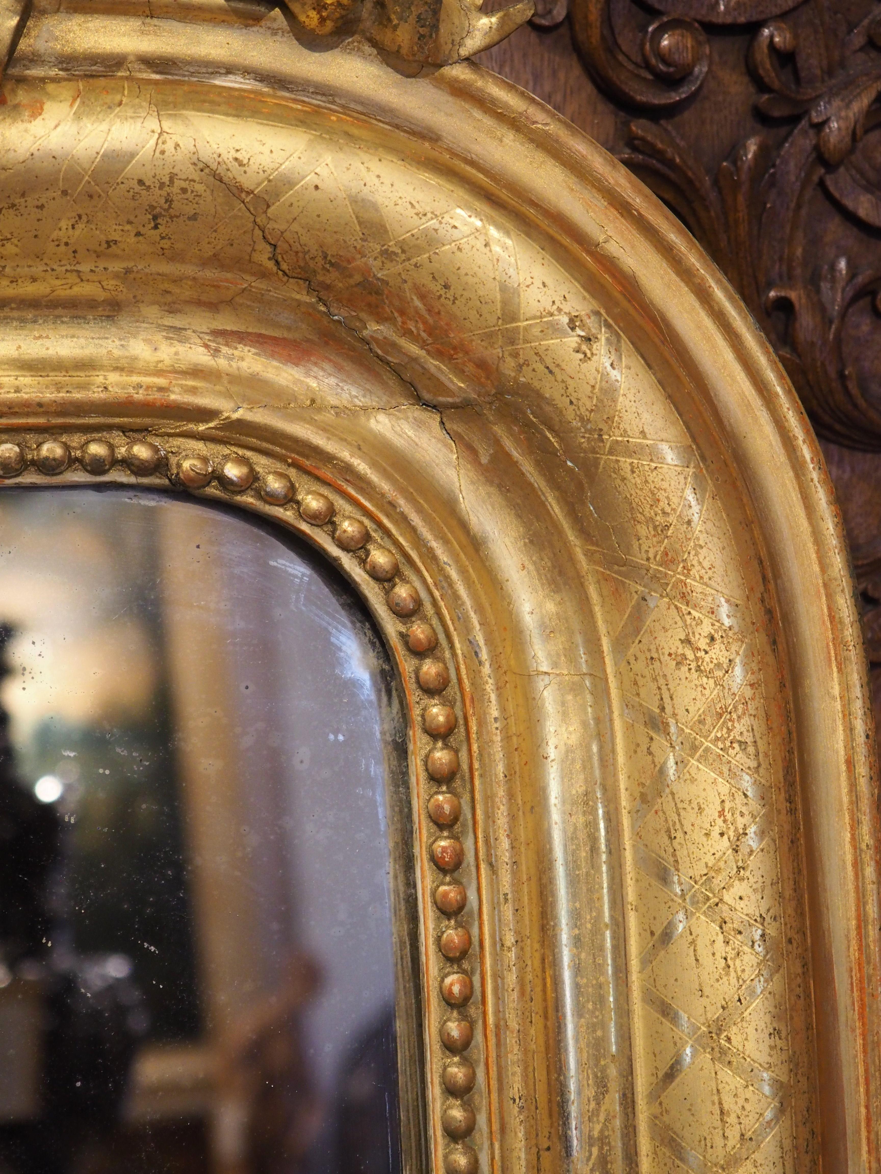 19th Century Gold Louis Philippe Mirror with Beading and Ribboned Cartouche 9