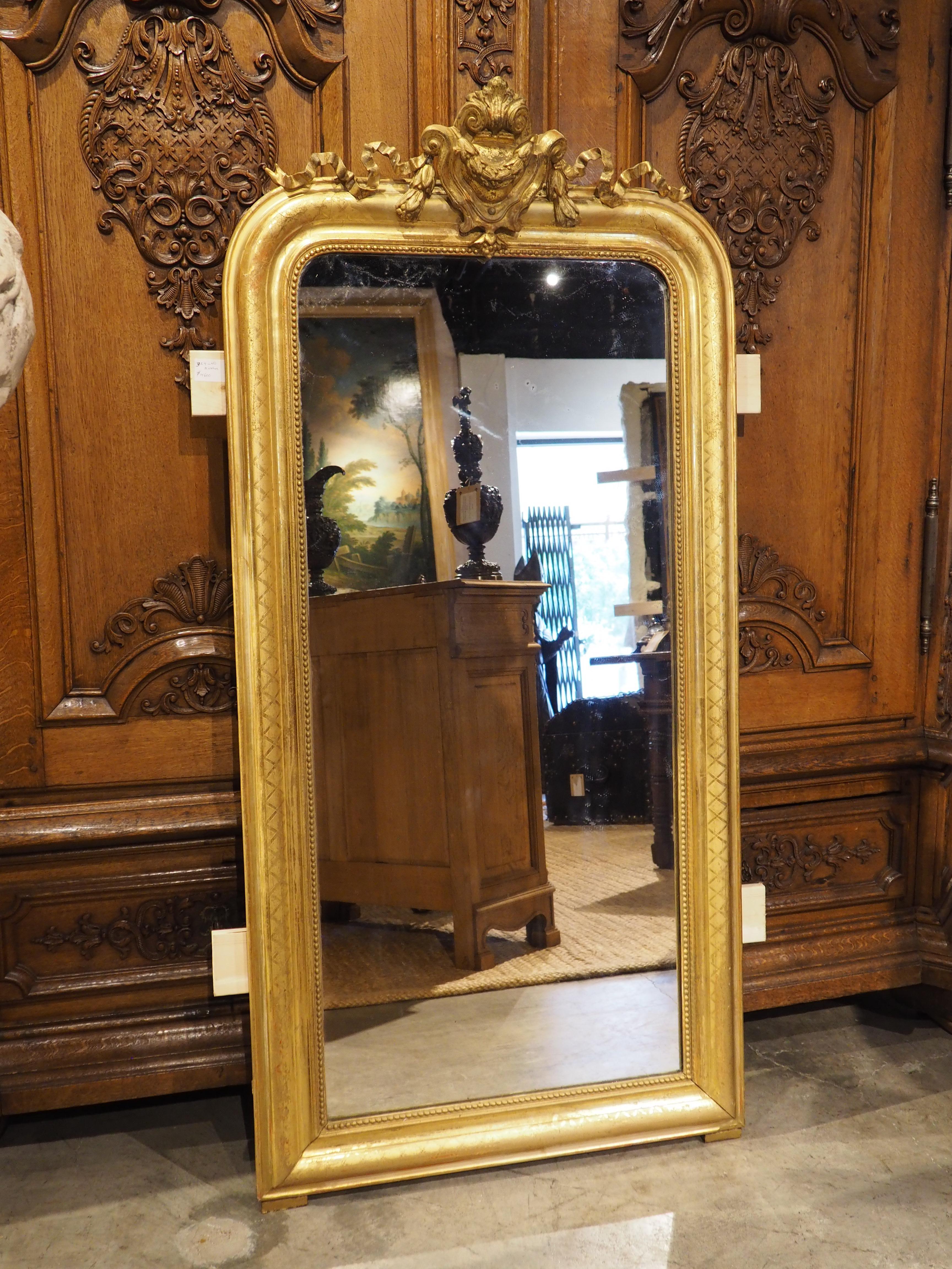 19th Century Gold Louis Philippe Mirror with Beading and Ribboned Cartouche 11