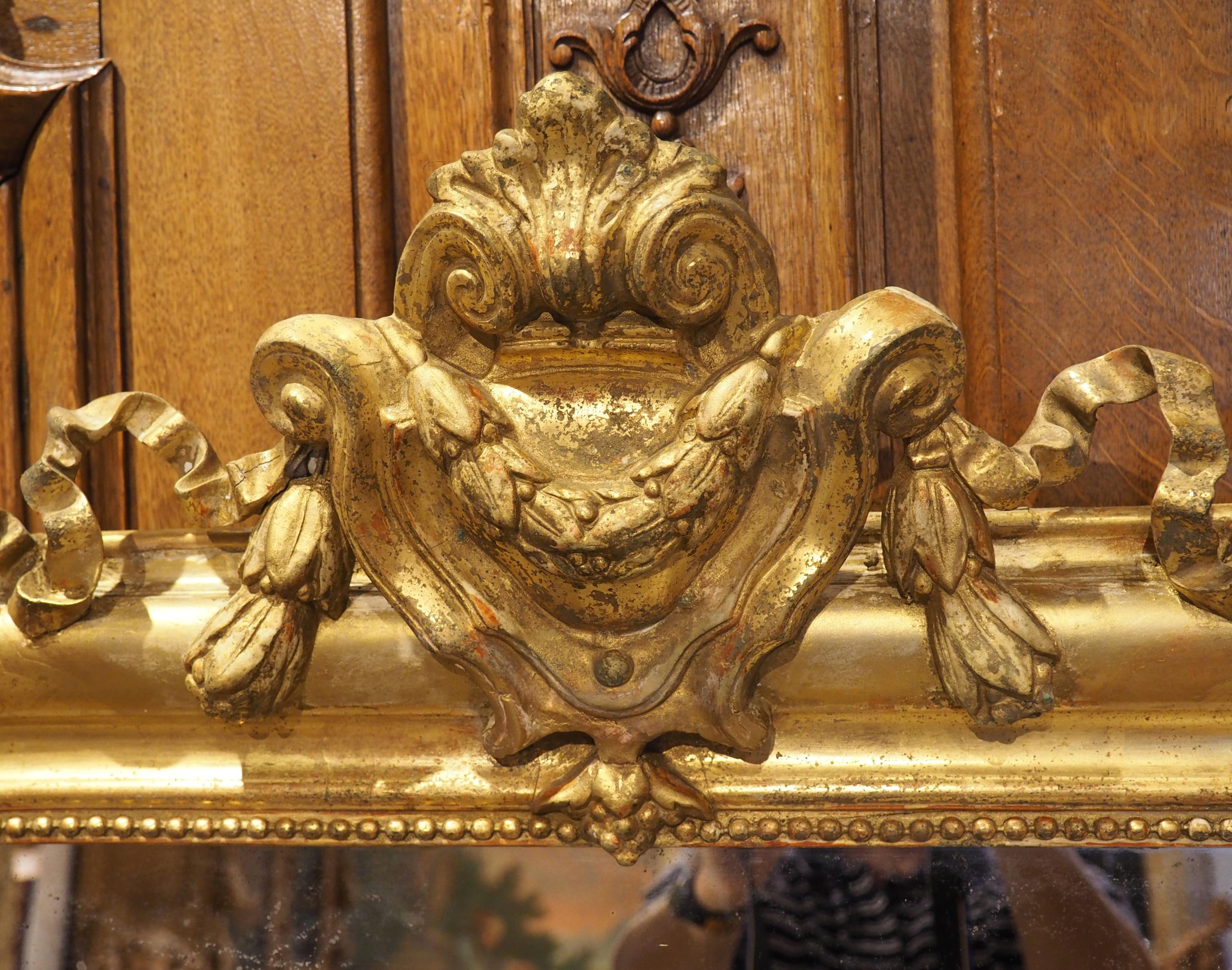 19th Century Gold Louis Philippe Mirror with Beading and Ribboned Cartouche In Good Condition In Dallas, TX