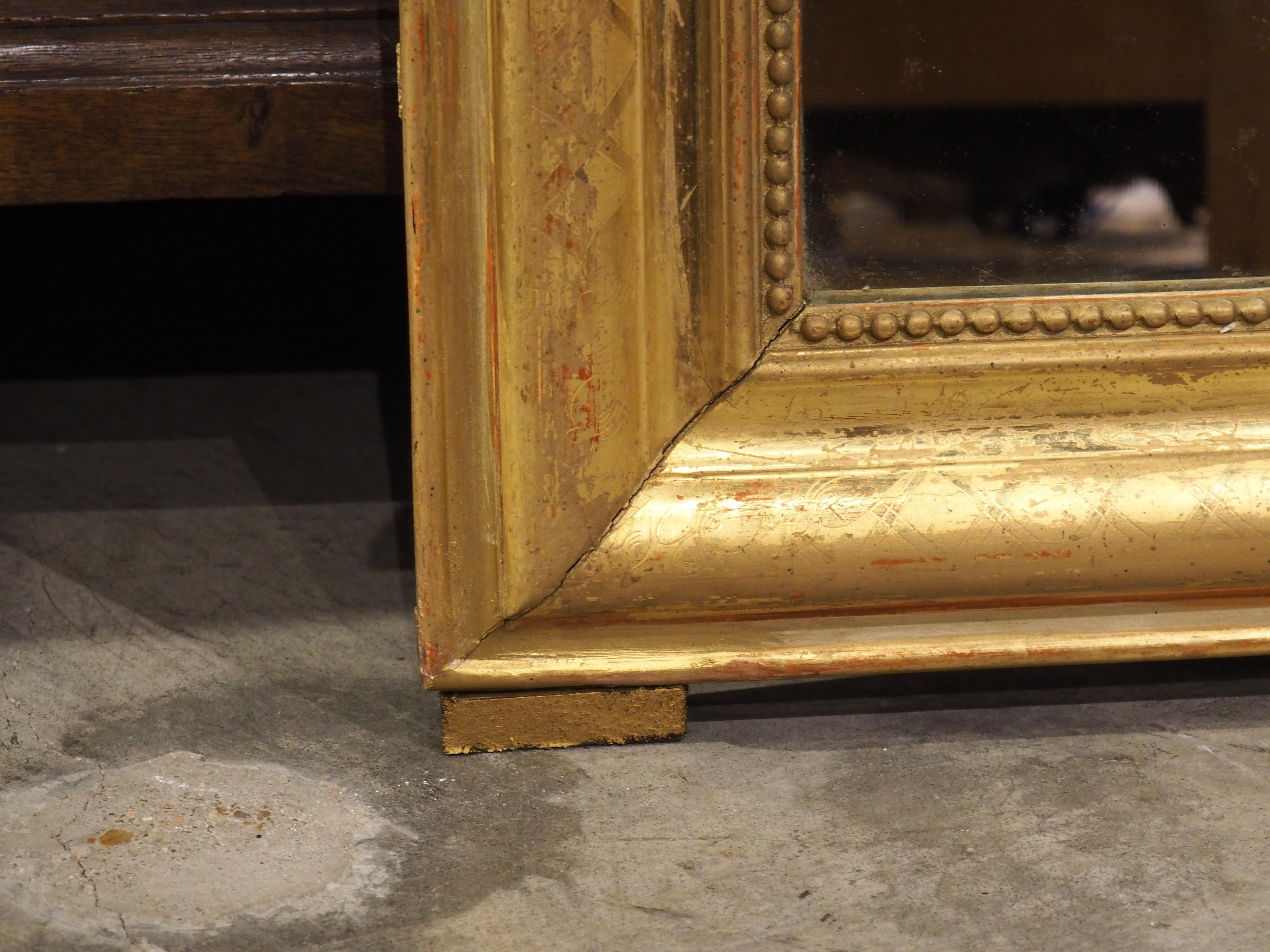 19th Century Gold Louis Philippe Mirror with Beading and Ribboned Cartouche 3