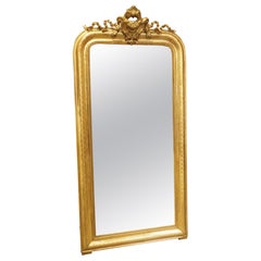 19th Century Gold Louis Philippe Mirror with Beading and Ribboned Cartouche