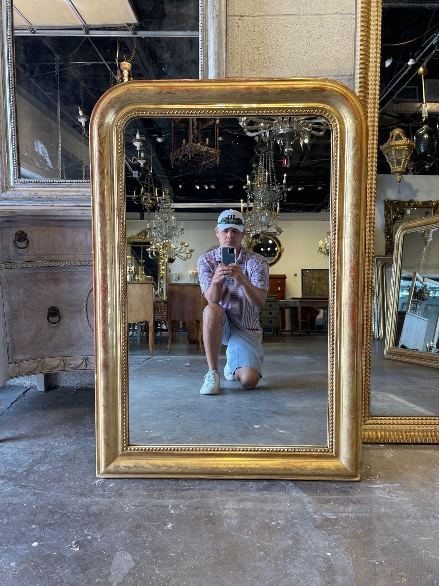 Very nice 19th century gold Louis Philippe mirror with floral pattern and beaded inner border. Beautiful patina on this one with slight red undertones. So pretty!!