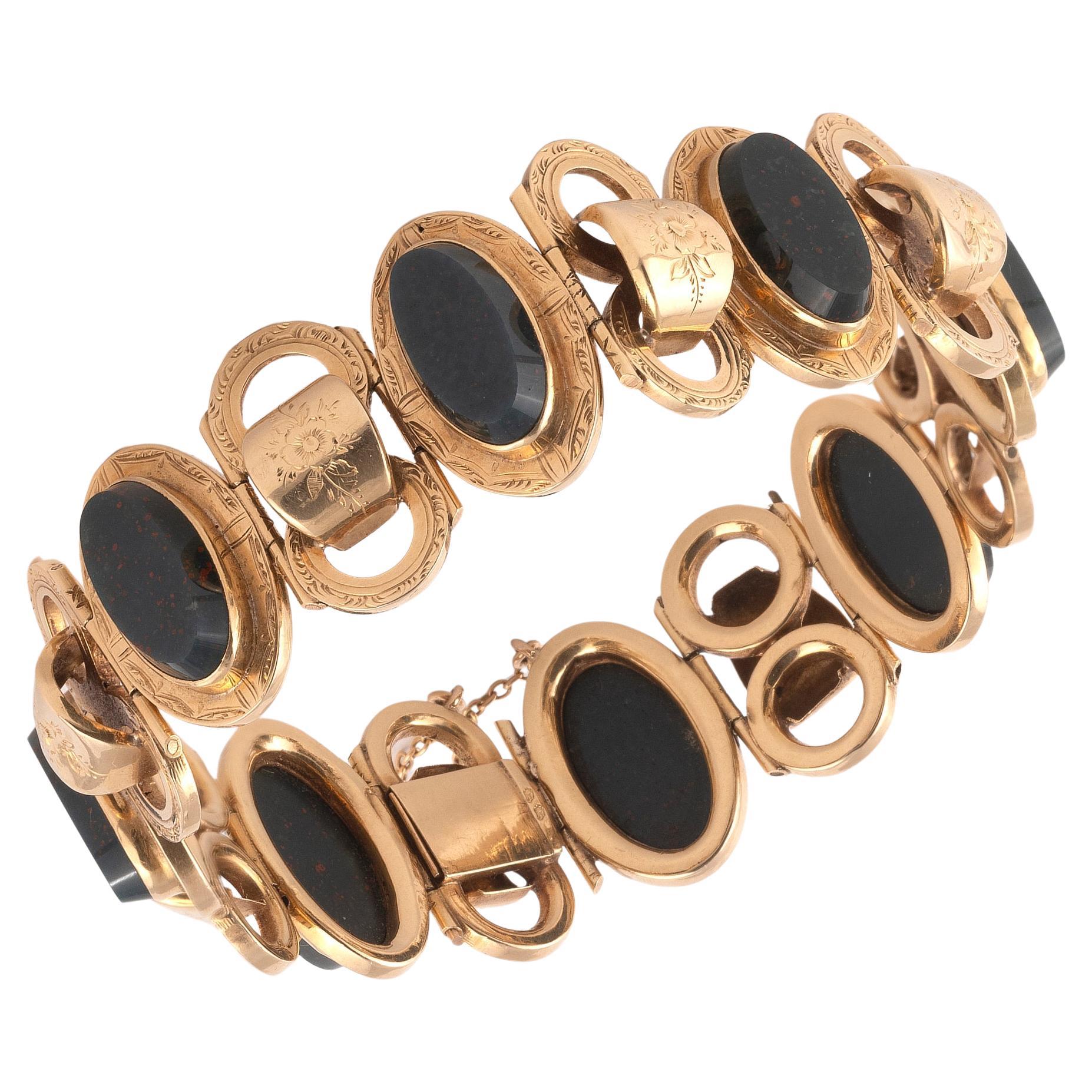 Oval Cut 19th Century Gold Mounted Blood Jasper Bracelet 1850's