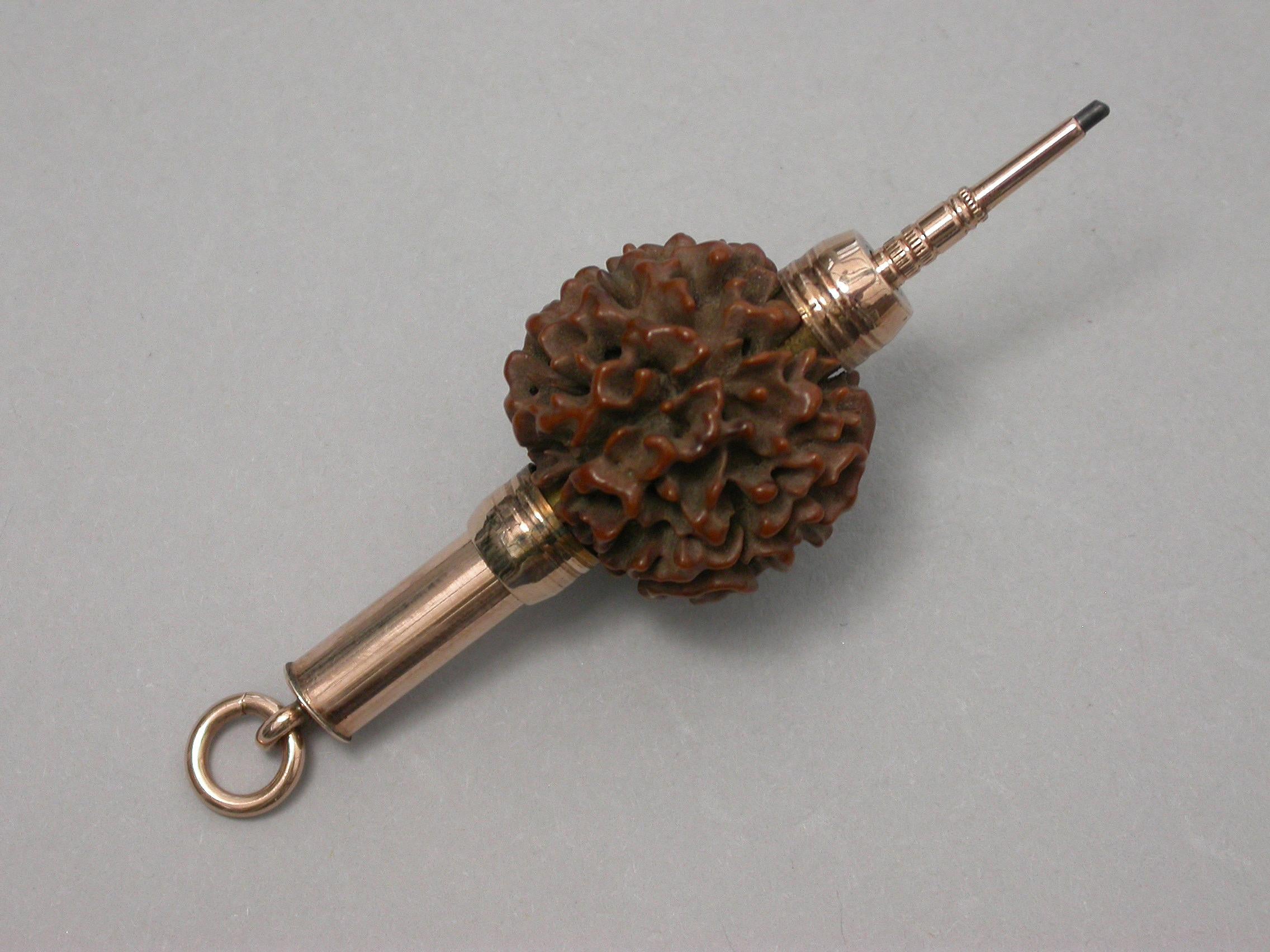 Late 19th Century 19th Century Gold Mounted Rudraksha Seed Pencil, Unmarked, circa 1880 For Sale
