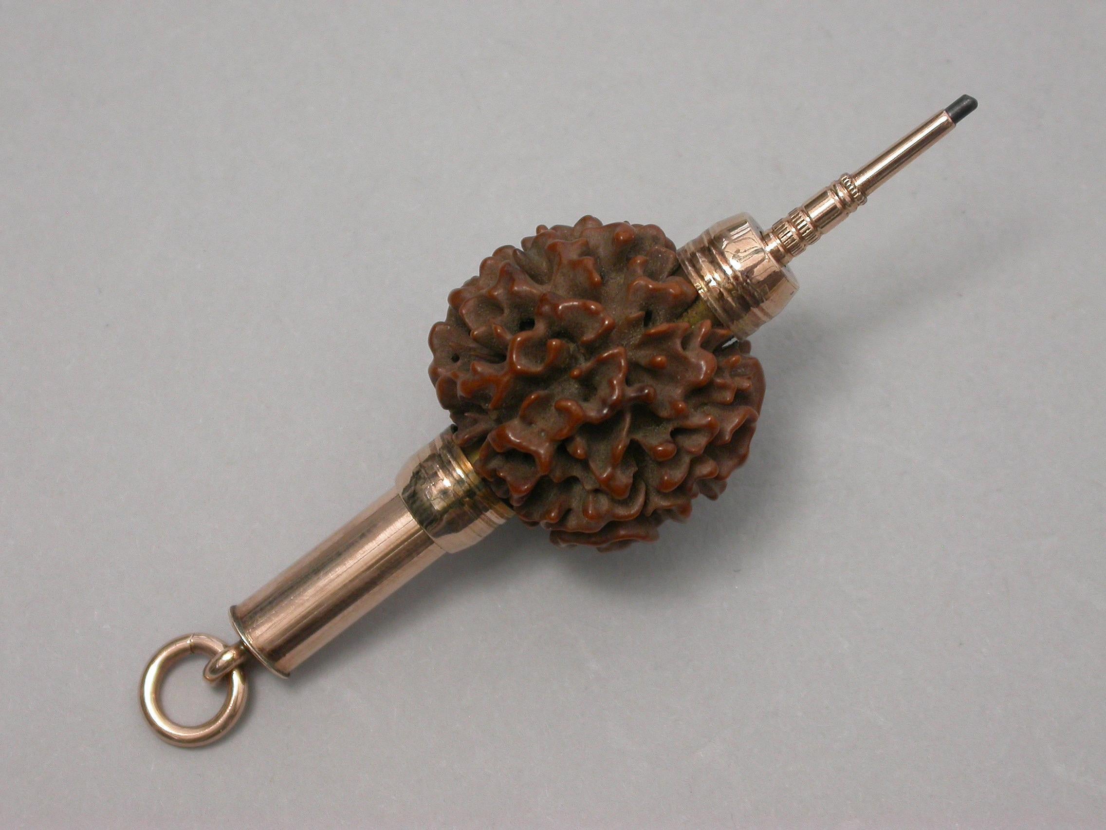 19th Century Gold Mounted Rudraksha Seed Pencil, Unmarked, circa 1880 For Sale 1