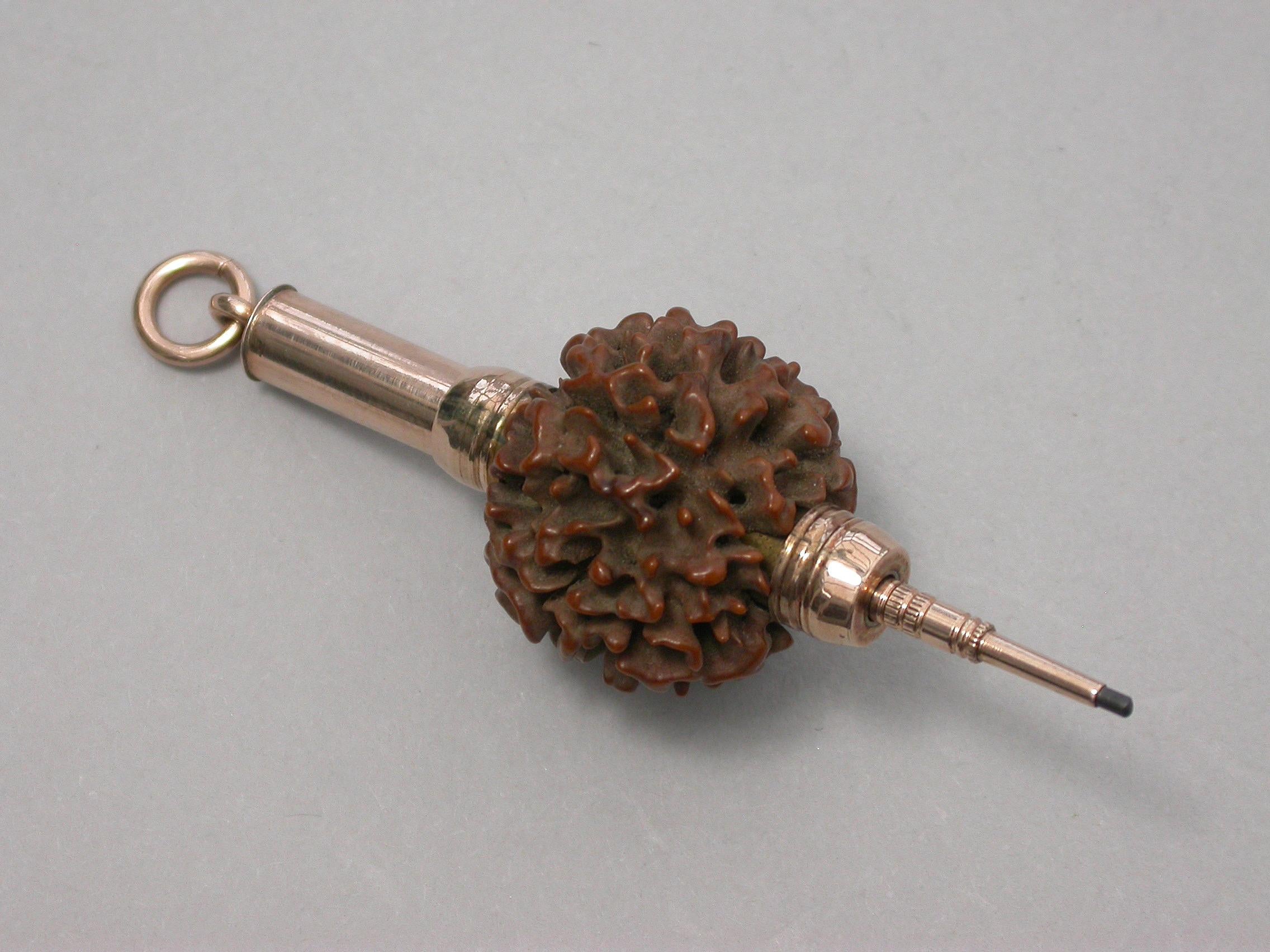 19th Century Gold Mounted Rudraksha Seed Pencil, Unmarked, circa 1880 For Sale 2