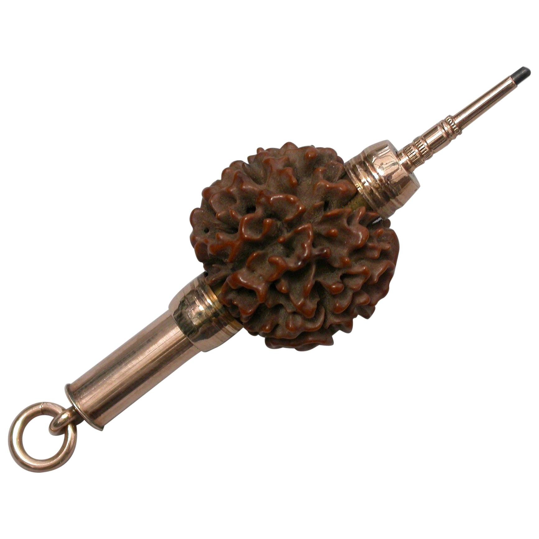 19th Century Gold Mounted Rudraksha Seed Pencil, Unmarked, circa 1880 For Sale