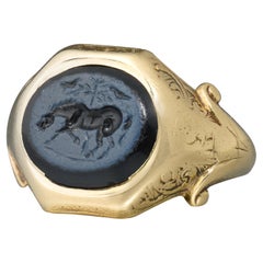 19th Century Gold Ring with an Ancient Roman Nicolo Intaglio of a Horse.