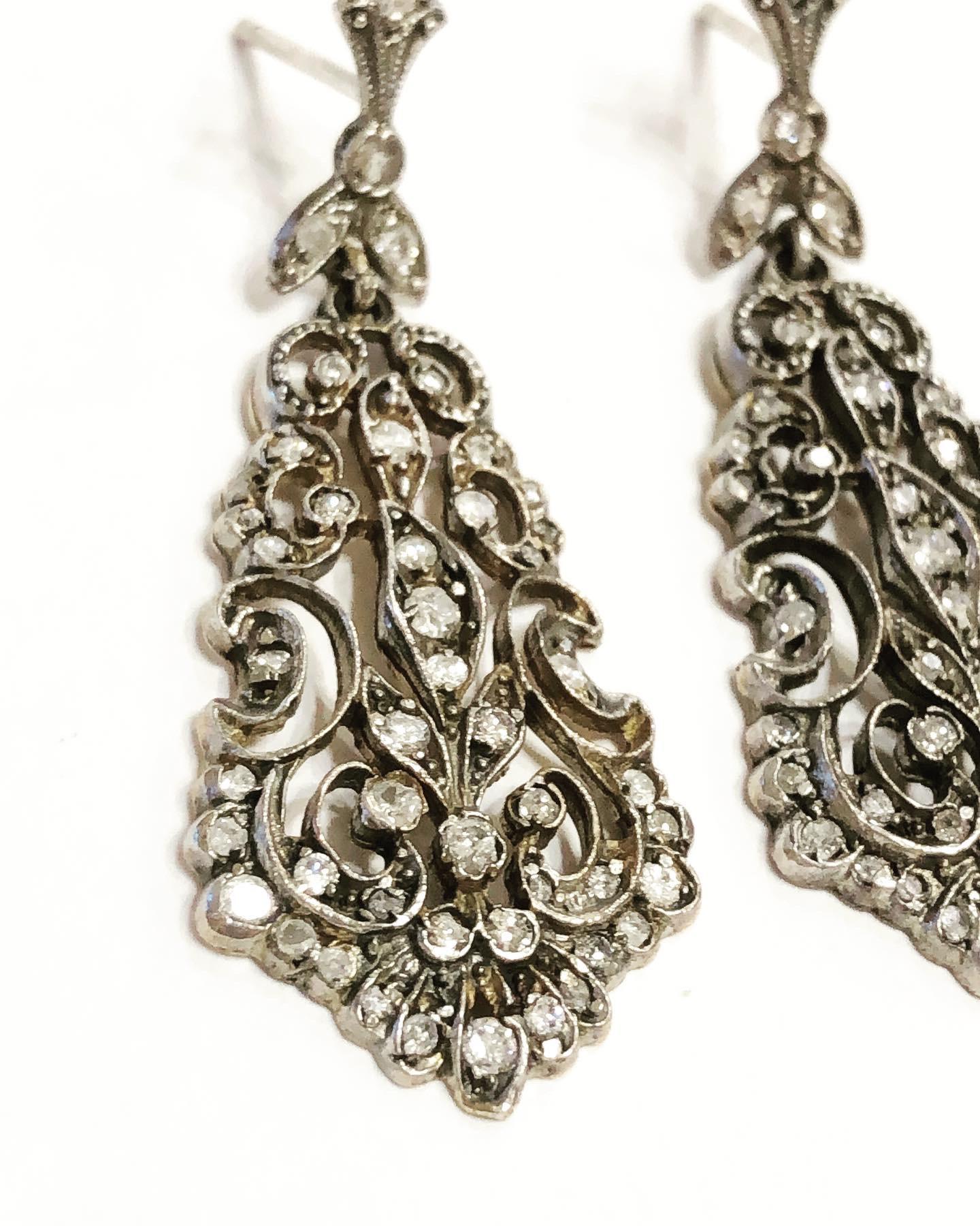 Old European Cut Victorian Gold, Silver and Old Mine Cut Diamonds Stud Drop Earrings