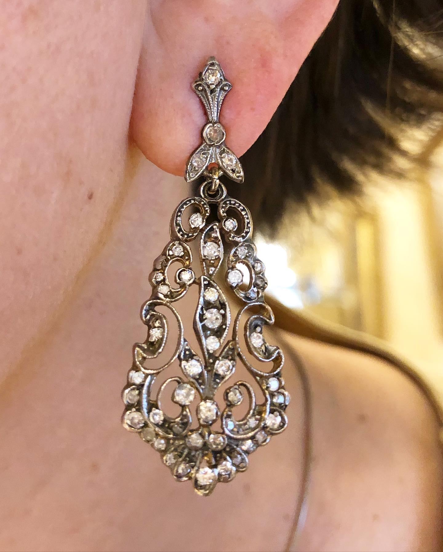Women's Victorian Gold, Silver and Old Mine Cut Diamonds Stud Drop Earrings