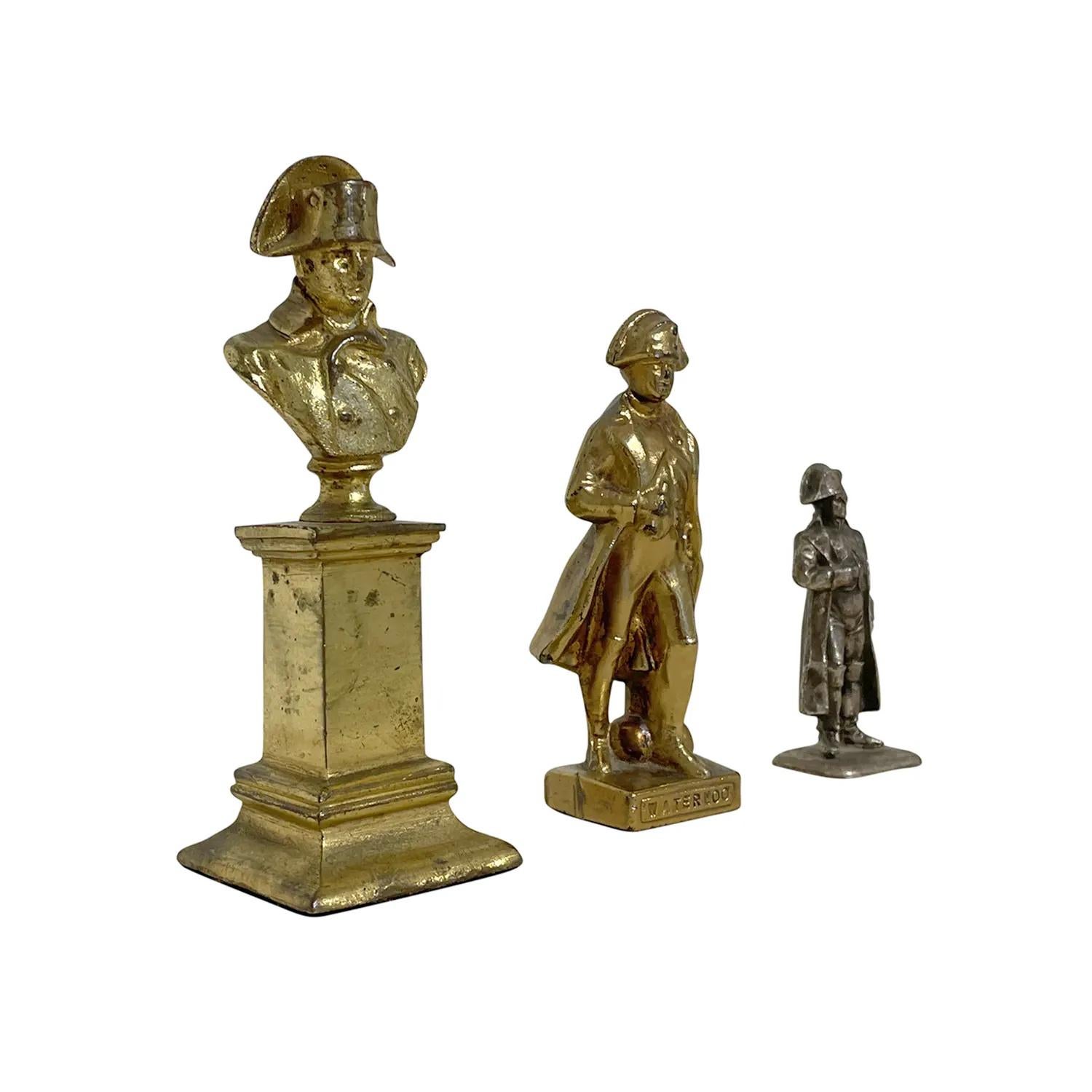 Empire 19th Century Gold-Silver French Set of Three Small Bronze Napoleon's Sculpture