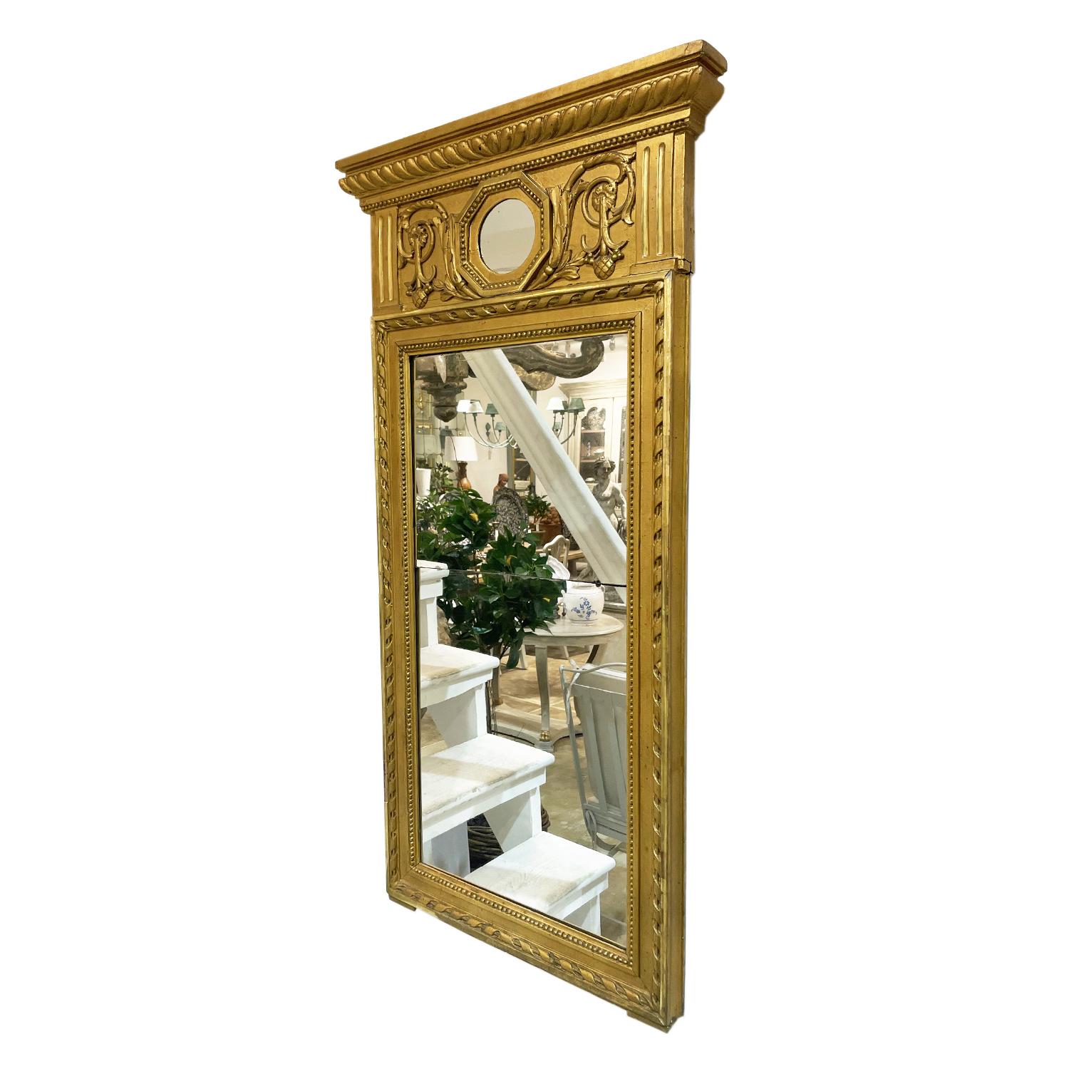 Hand-Carved 19th Century Gold Swedish Gustavian Antique Gilded Pinewood Wall Glass Mirror For Sale