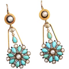 19th Century Gold, Turquoise and Pearl Earrings