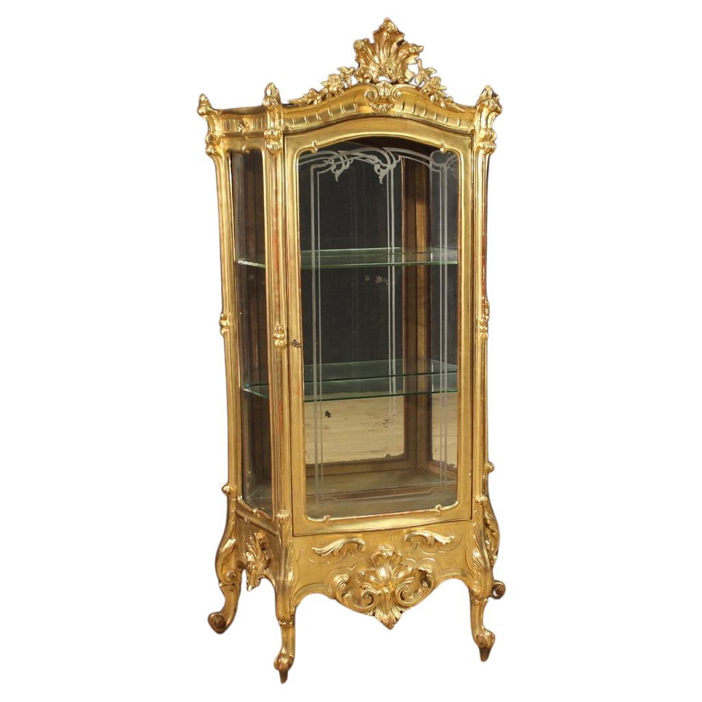 19th Century Gold Wood Italian Antique Rocaille Style Display Cabinet, 1870s For Sale