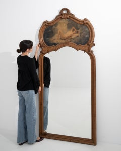 19th Century Gold Wood Louis XV Trumeau Mirror With Painted Panel