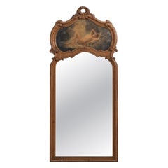 19th Century Gold Wood Louis XV Trumeau Mirror With Painted Panel