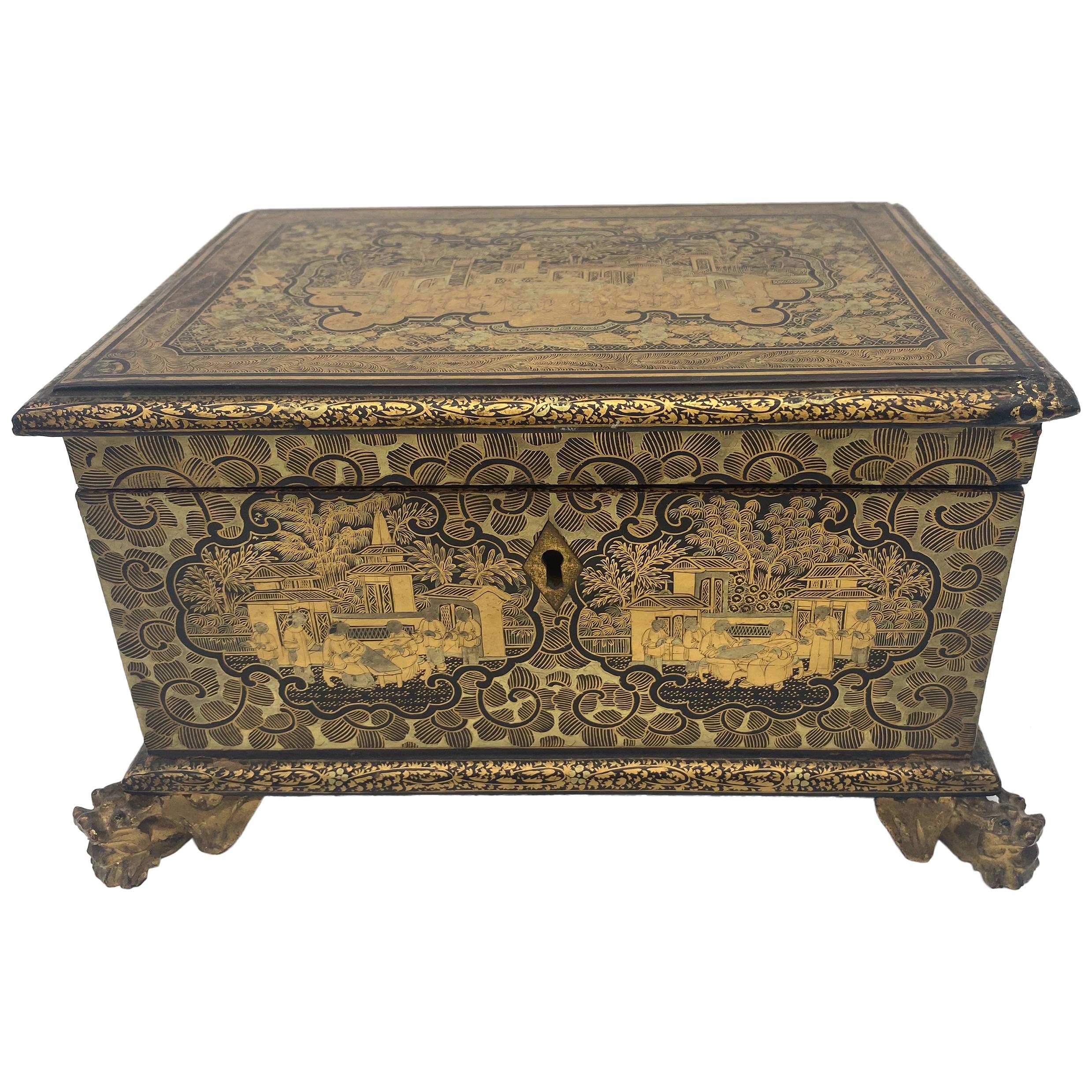 19th Century Golden Black Lacquer Chinese Jewelry Box with Dragon Feet