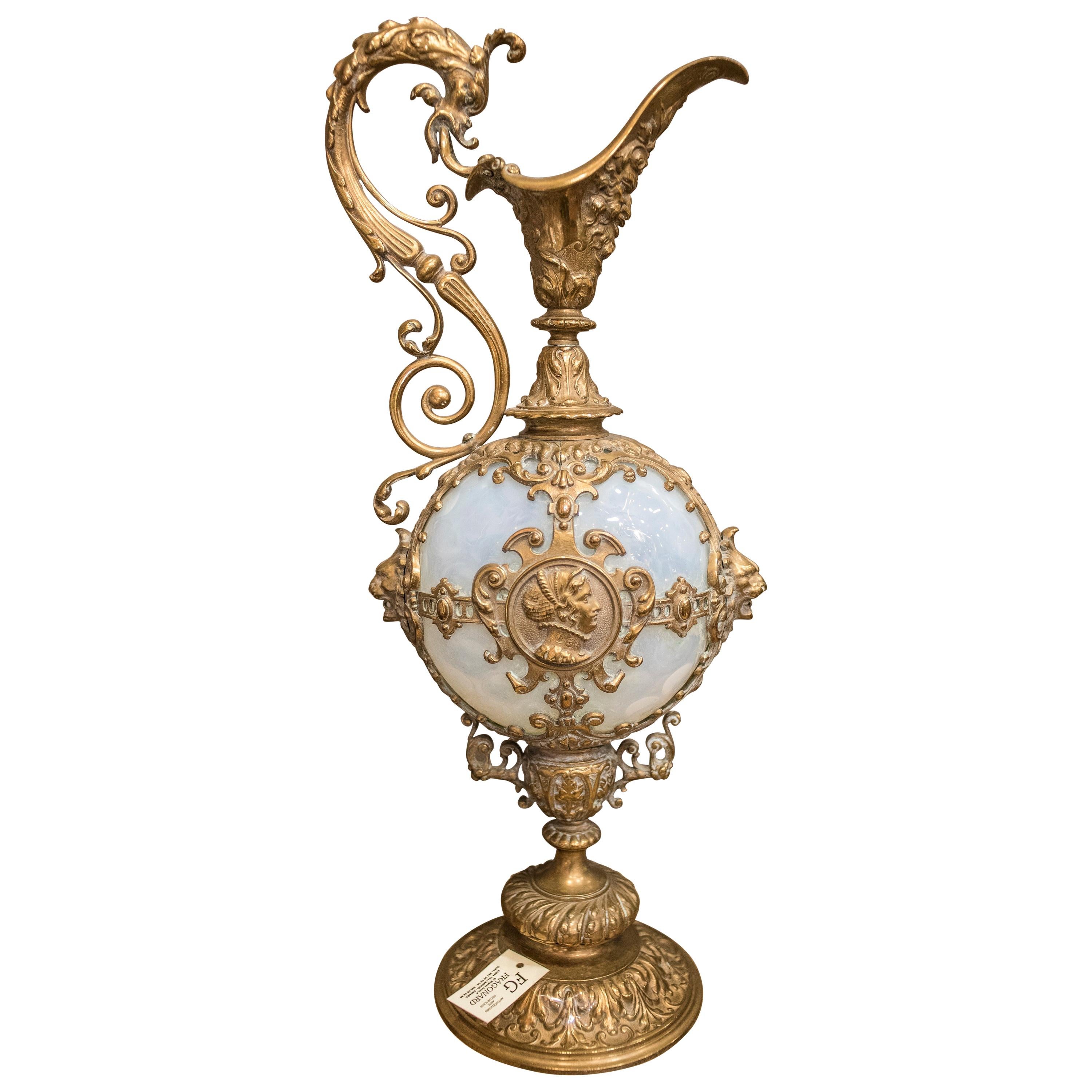 19th Century Golden Bronze and Opaline Glass Spanish Baroque Amphore at