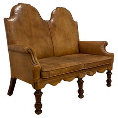 19th Century Golden Brown Leather High Back 2 Seater Sofa