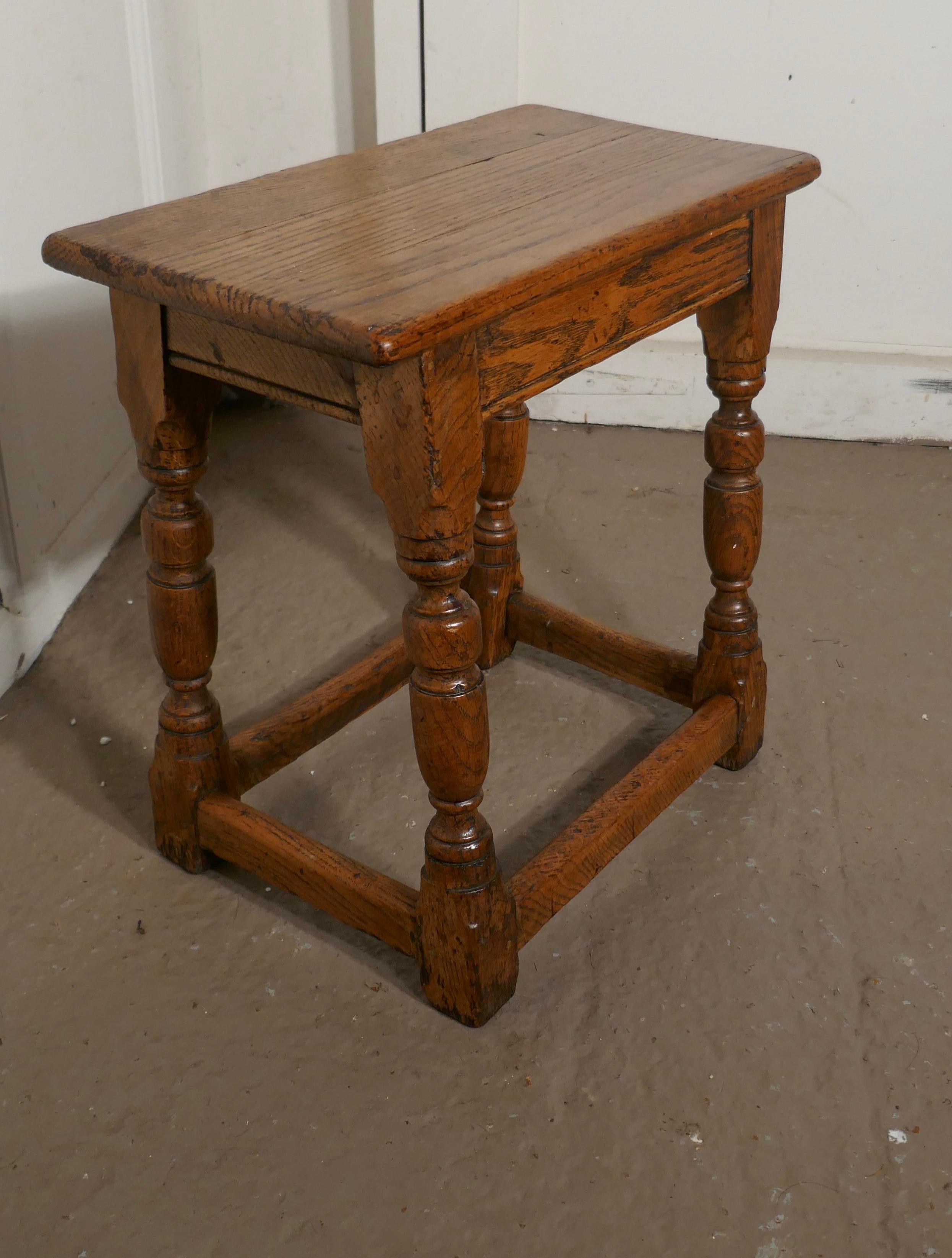 19th century golden oak joint stool

This a good oak Joined stool a good solid stool, it has a good natural color and a lovely patina, it makes a great occasional stool, or even a small side table
The stool is 18” high, 18” wide and 10”