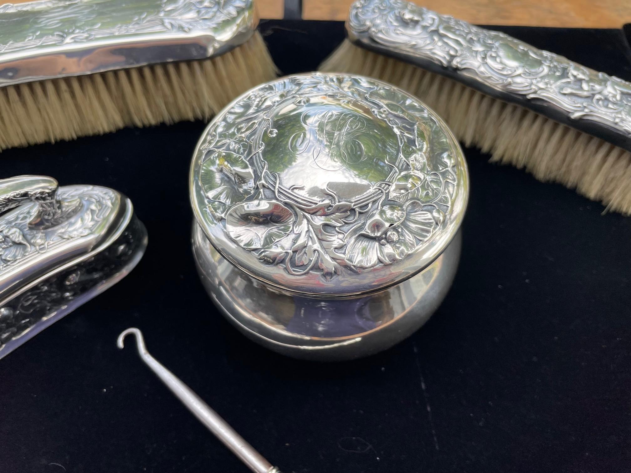 19th Century Gorham Art Nouveau Sterling Silver Vanity Set, 7 Pieces For Sale 7