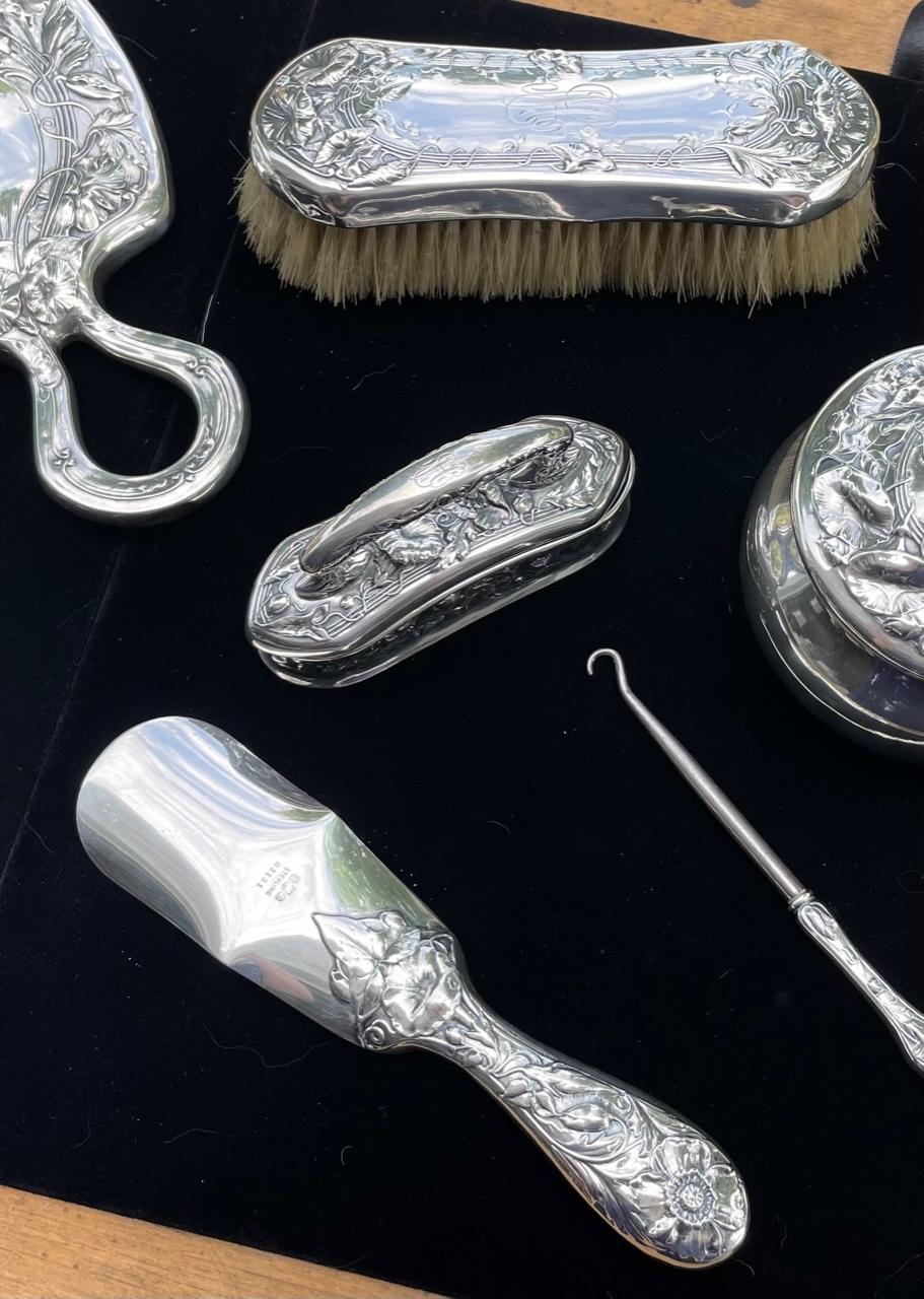 19th Century Gorham Art Nouveau Sterling Silver Vanity Set, 7 Pieces For Sale 8