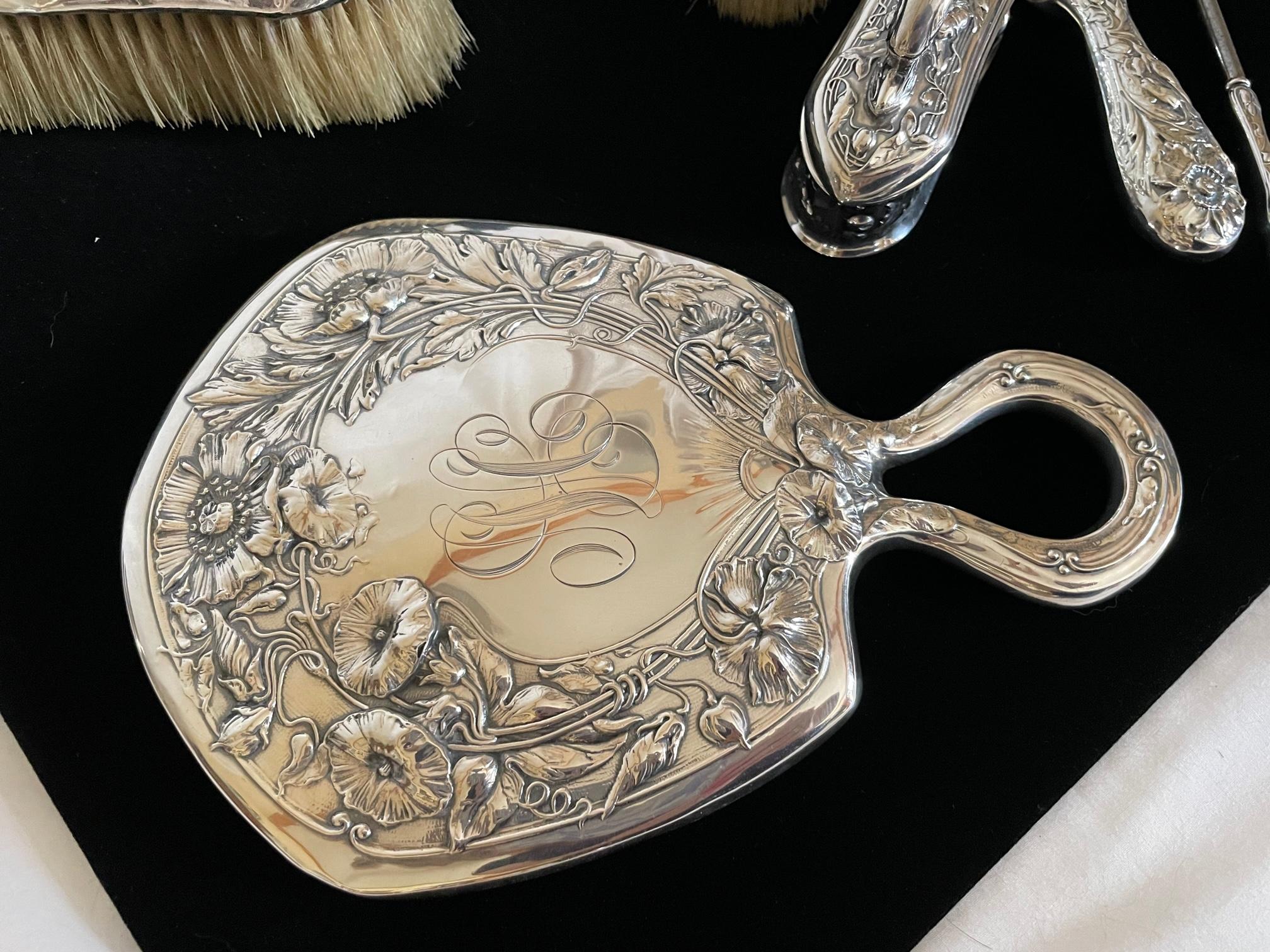 19th Century Gorham Art Nouveau Sterling Silver Vanity Set, 7 Pieces For Sale 1