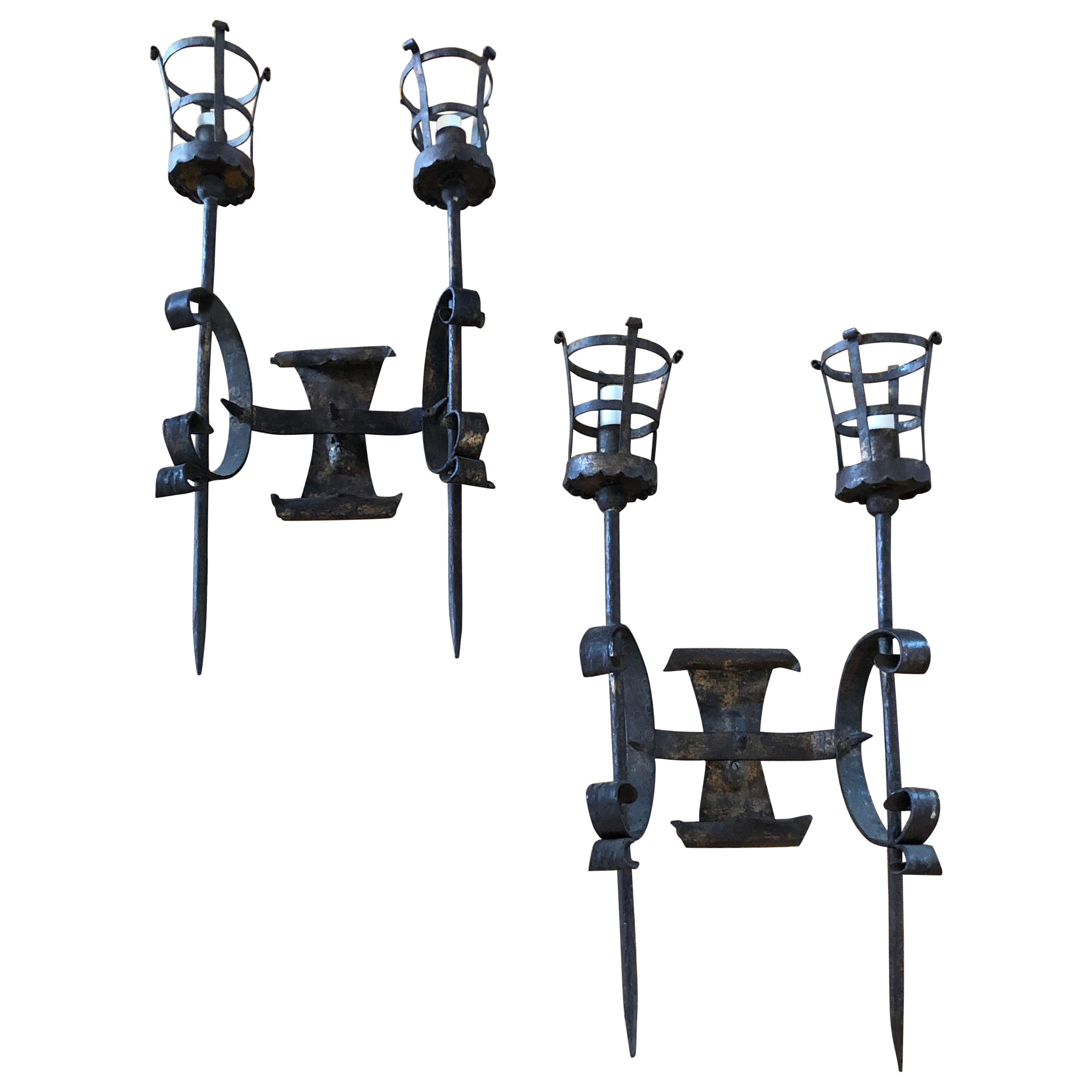 19th Century Gothic Aged Brass English Pair of Wall Sconces