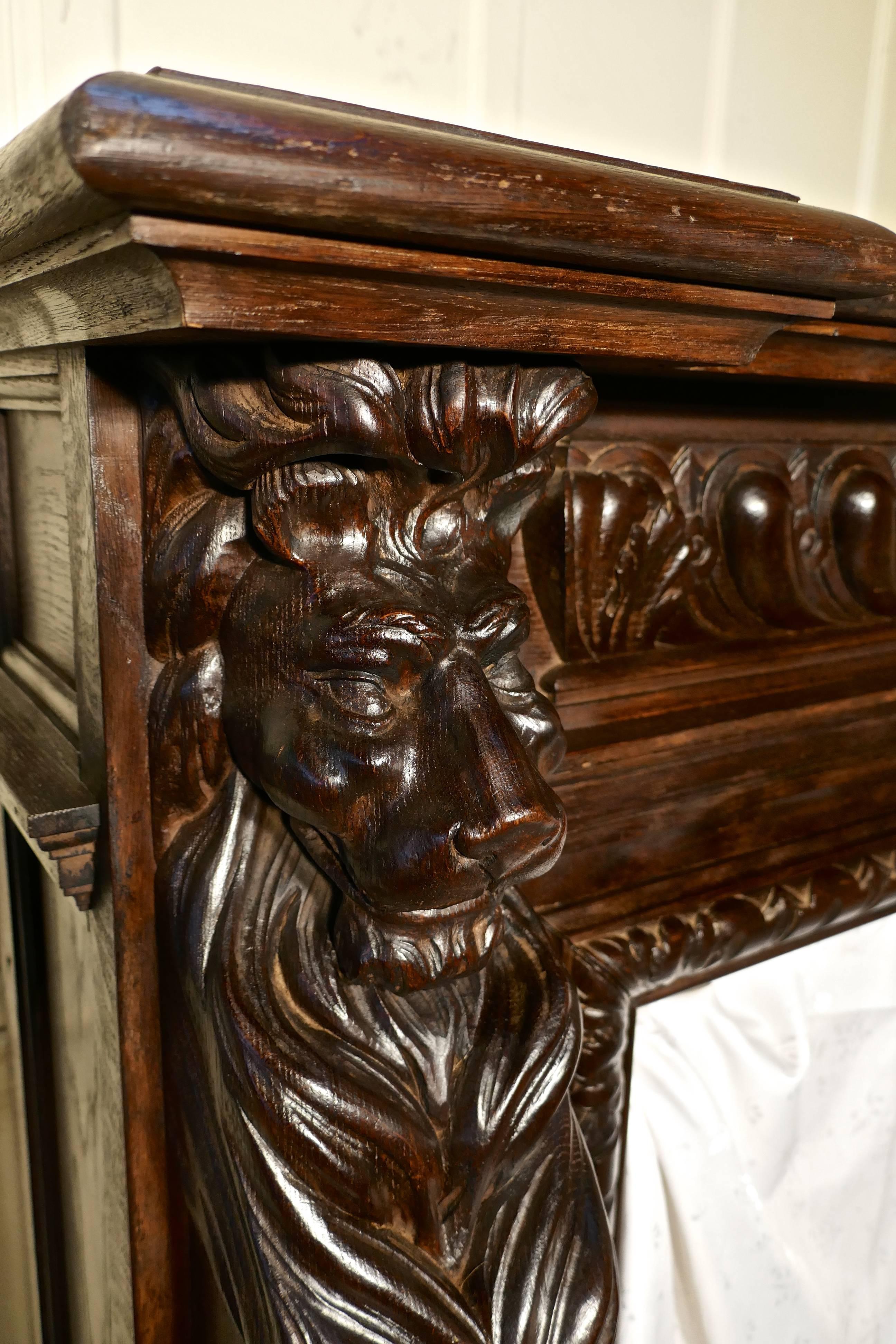 French 19th Century Gothic Lions Mask Carved Oak Fire Place