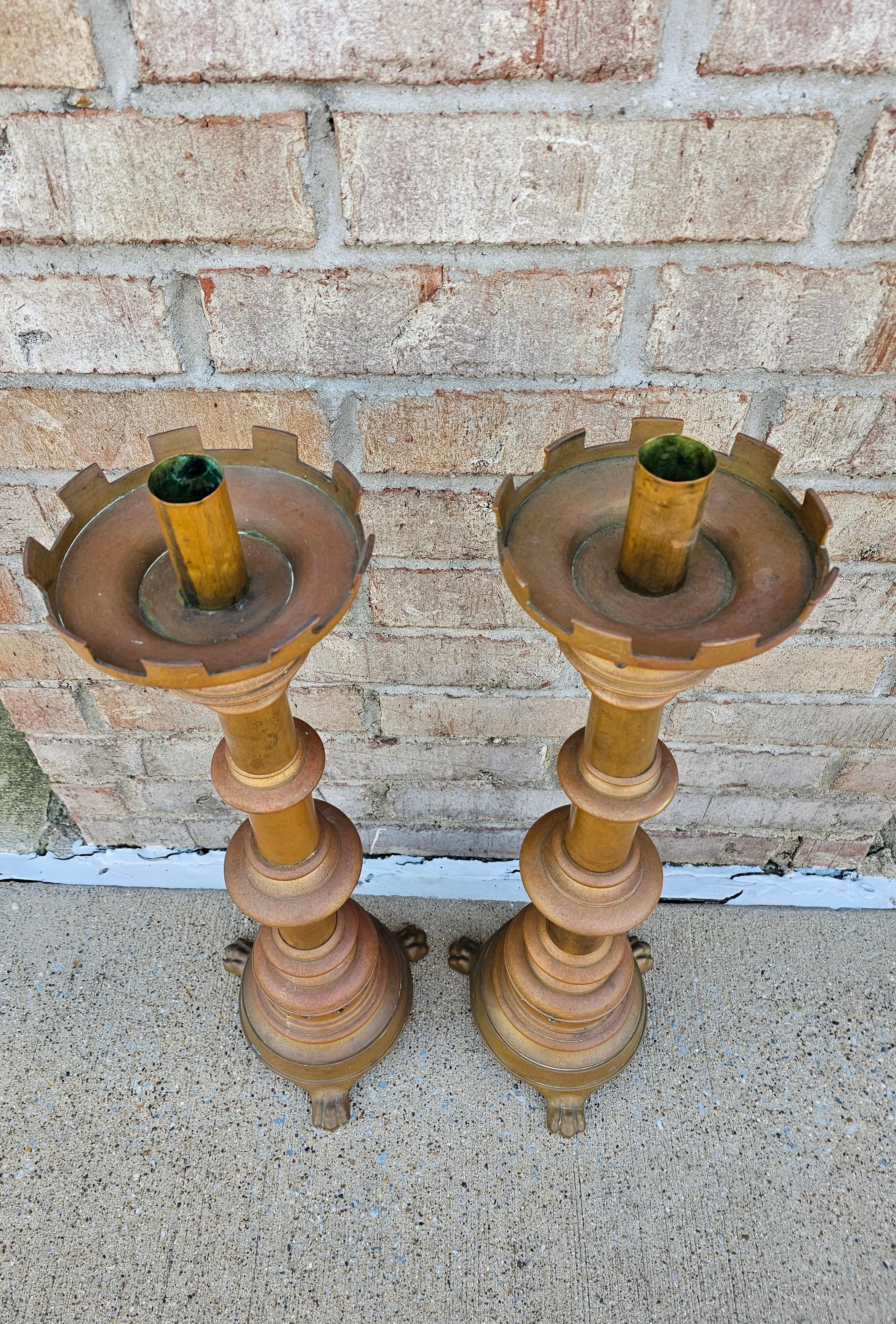 19th Century Gothic Revival Bronze Altar Candlestick Pair  In Good Condition For Sale In Forney, TX
