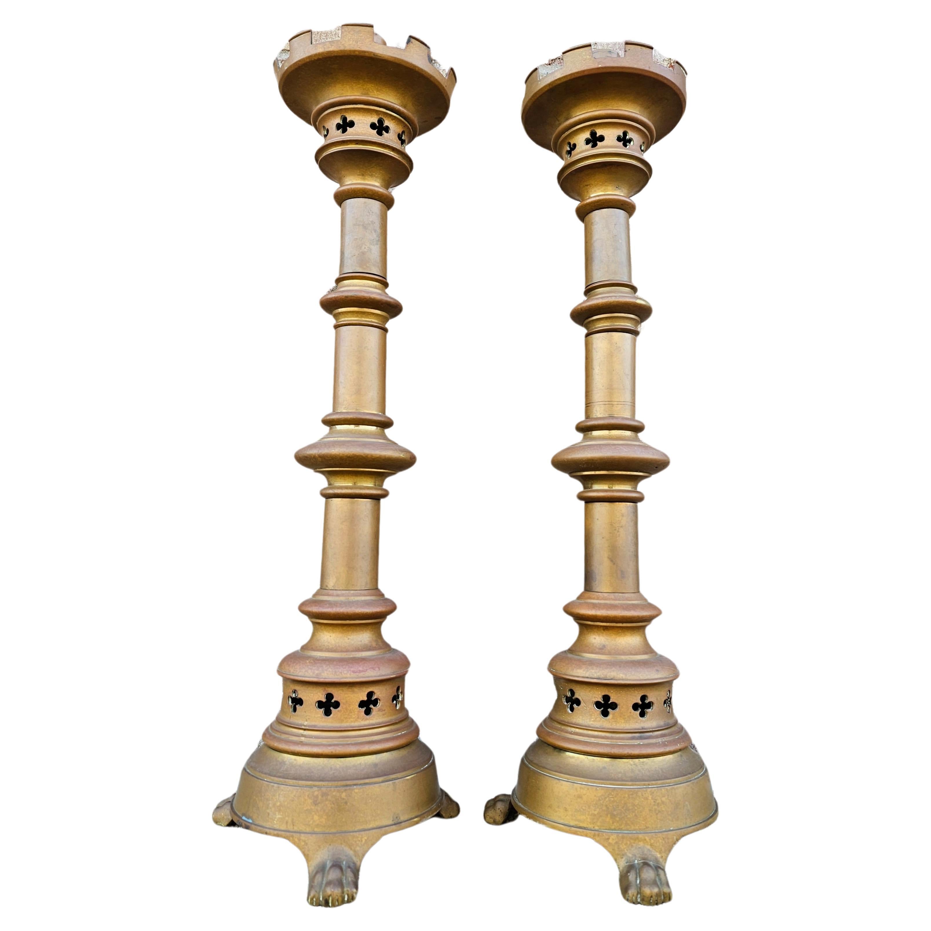 19th Century Gothic Revival Bronze Altar Candlestick Pair  For Sale