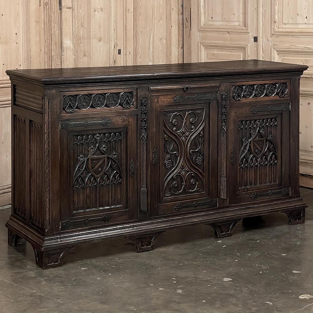 19th century Gothic Revival Buffet ~ Credenza ~ Sideboard is a remarkable example of the era, when Napoleon III revisited all the glory of French architecture and design compressed into a couple of decades! This example, rendered from old growth oak