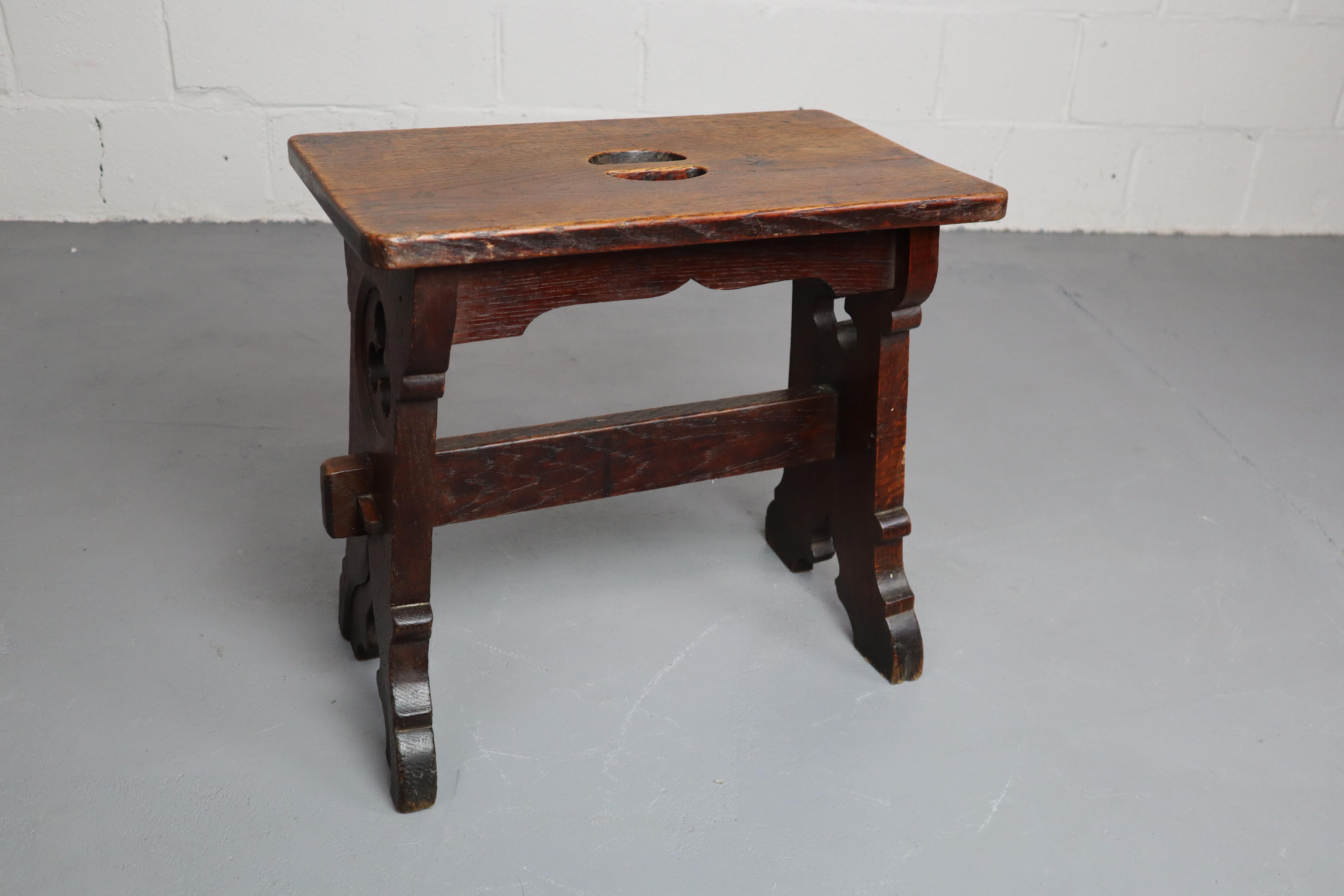 French 19th Century, Gothic Revival Oak Stool with Hand Carved Elements
