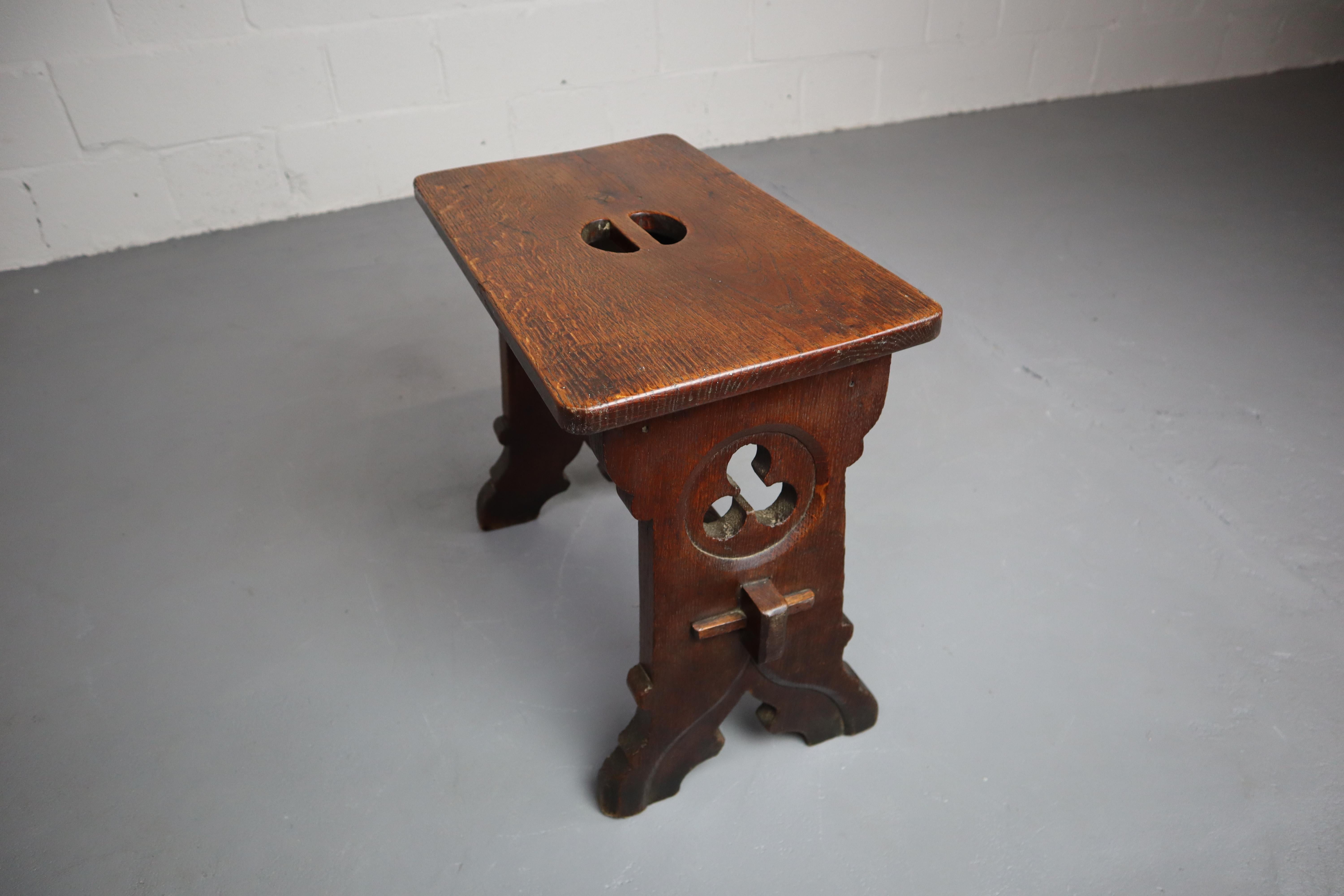 19th Century, Gothic Revival Oak Stool with Hand Carved Elements 1
