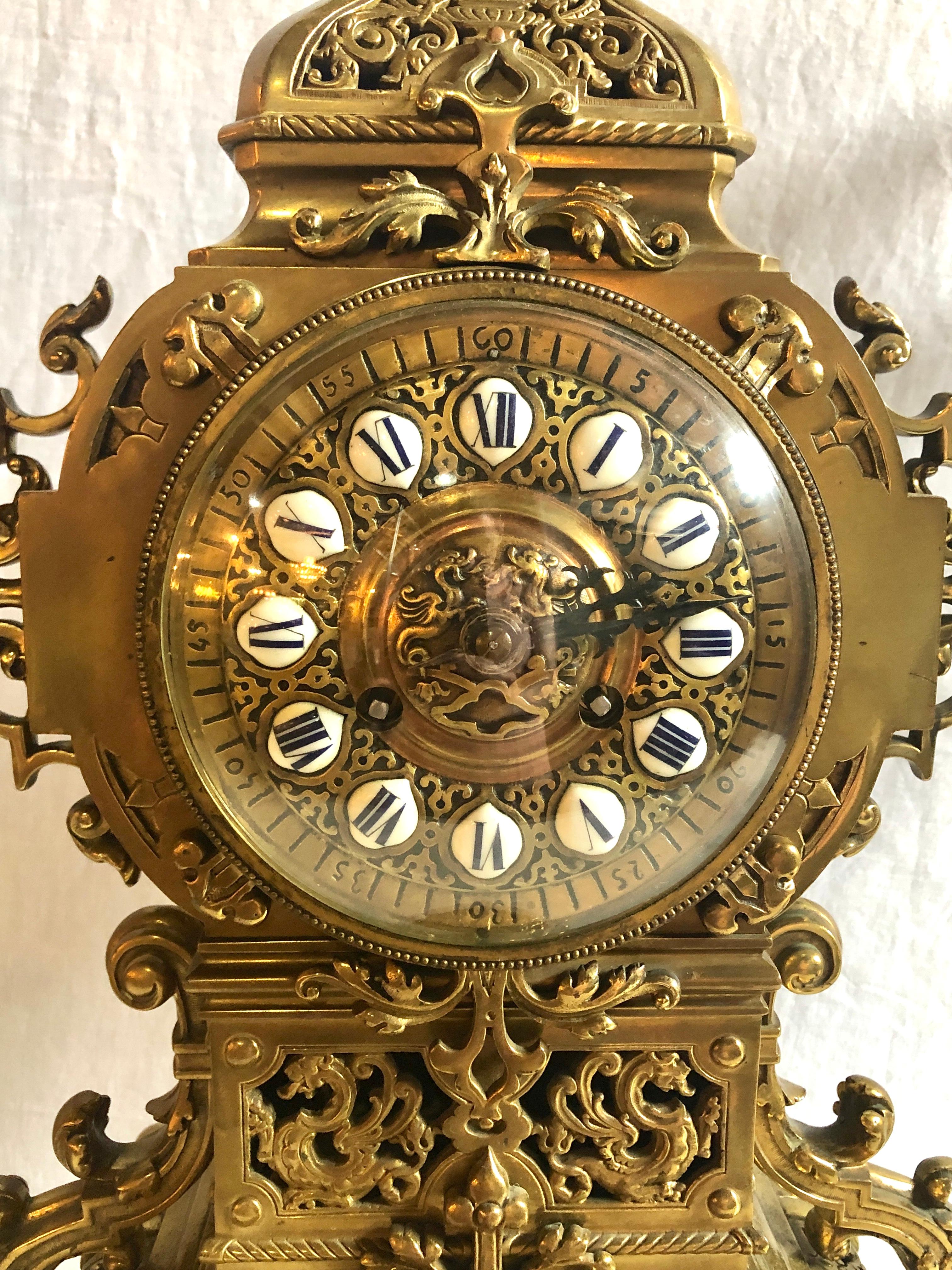 19th Century Gothic Style J.E. Caldwell Gilt Bronze Clock Garniture Set In Good Condition In Stamford, CT