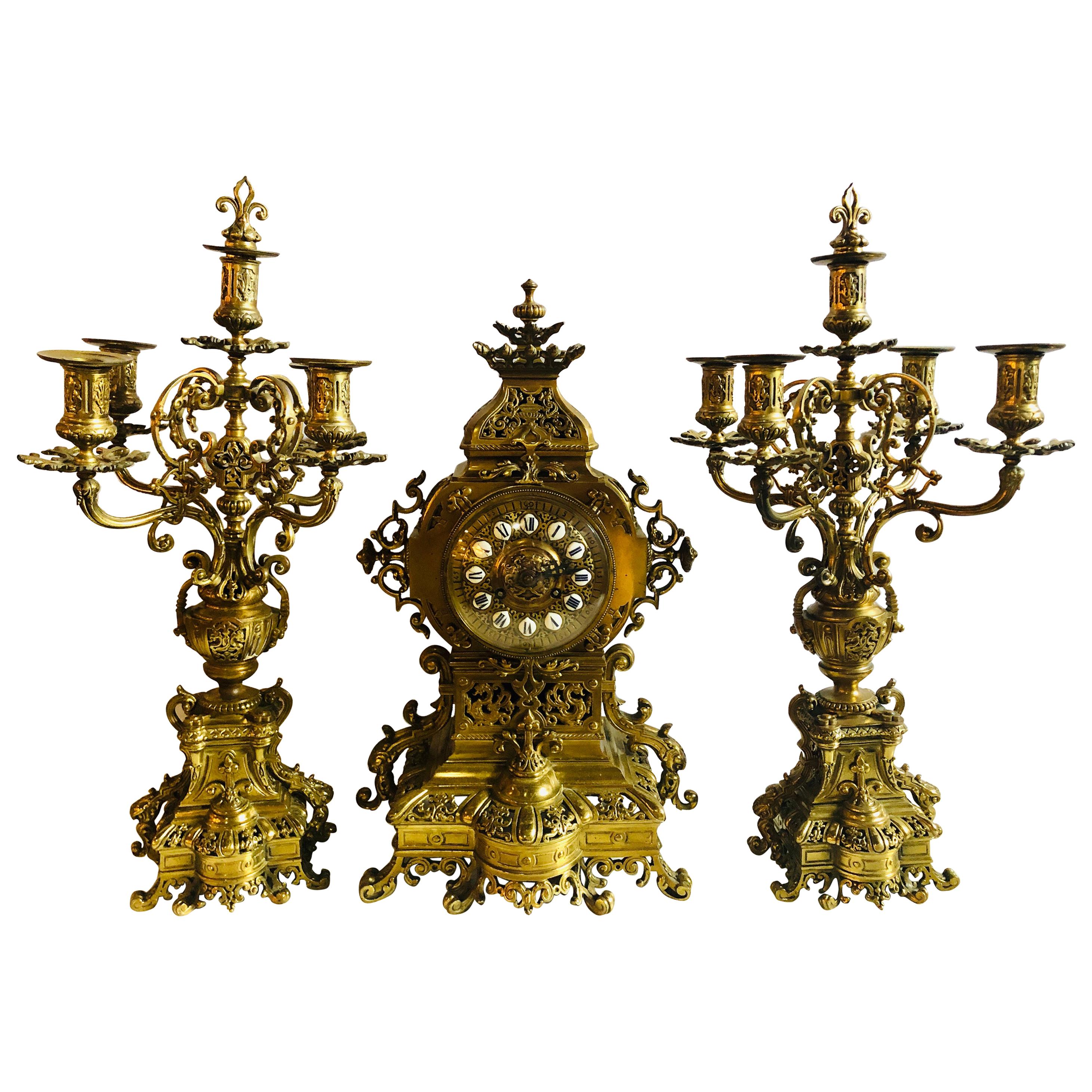 19th Century Gothic Style J.E. Caldwell Gilt Bronze Clock Garniture Set