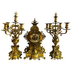 19th Century Gothic Style J.E. Caldwell Gilt Bronze Clock Garniture Set