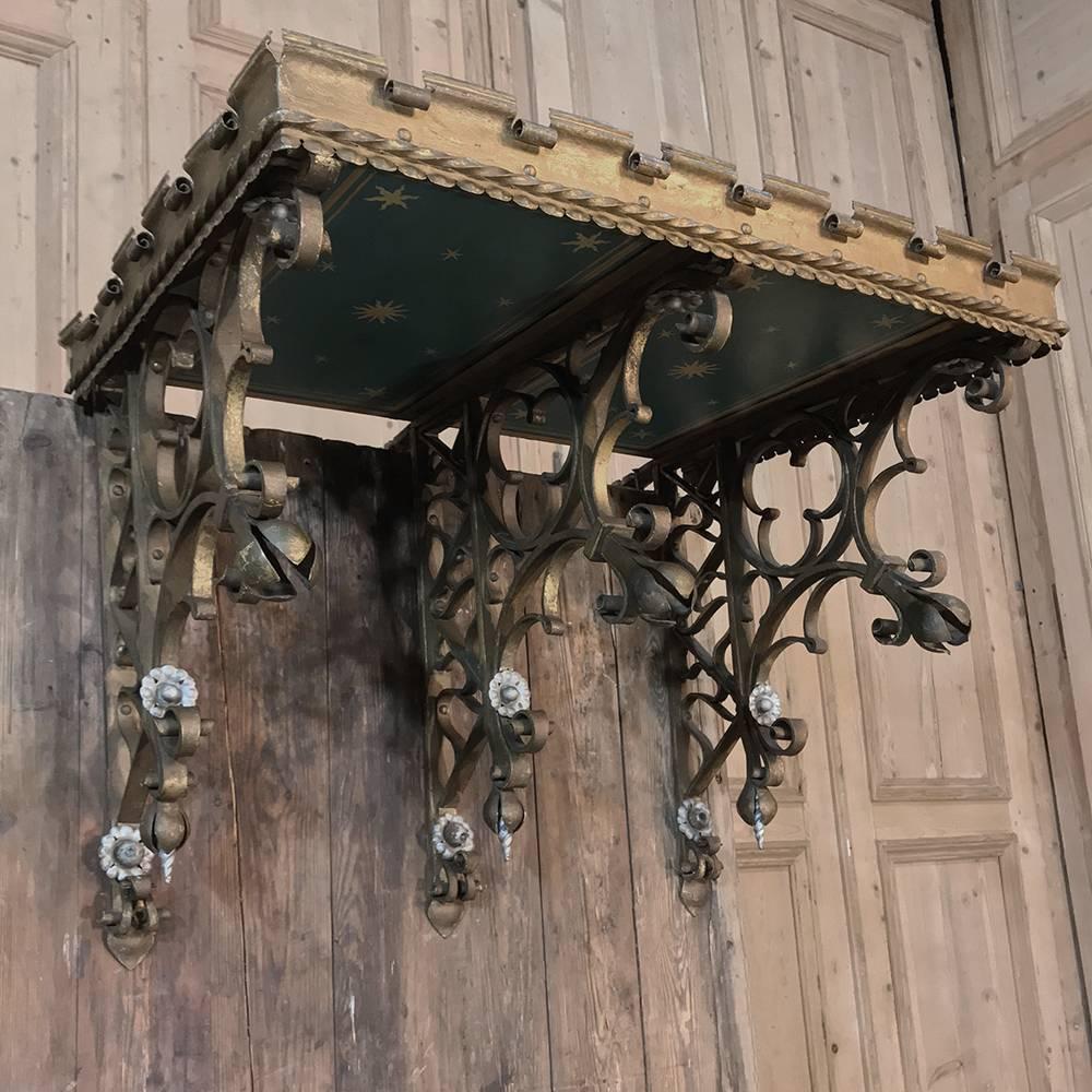 French 19th Century Gothic Wrought Iron Hand-Painted Wall Shelf from Chapel