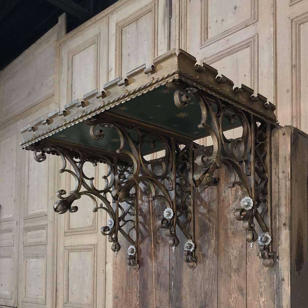 19th Century Gothic Wrought Iron Hand-Painted Wall Shelf from Chapel In Good Condition In Dallas, TX