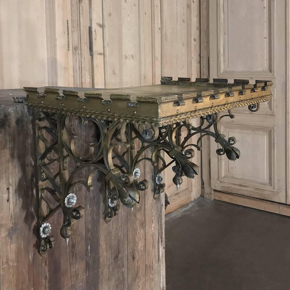 19th Century Gothic Wrought Iron Hand-Painted Wall Shelf from Chapel 1