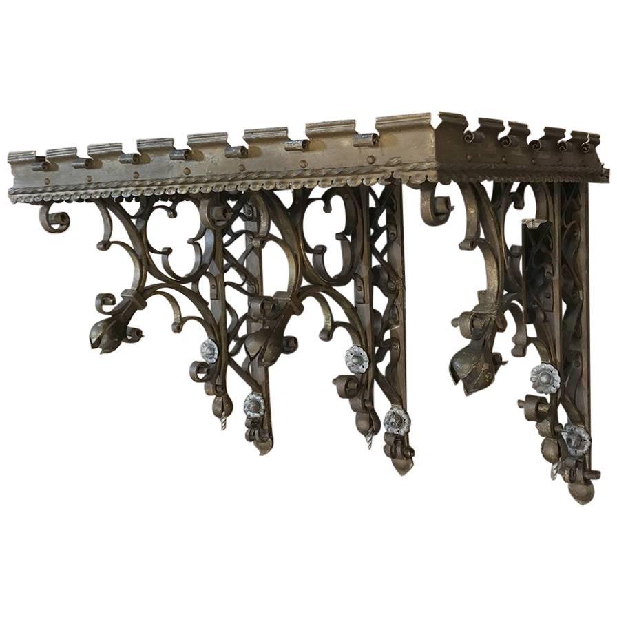 19th Century Gothic Wrought Iron Hand-Painted Wall Shelf from Chapel
