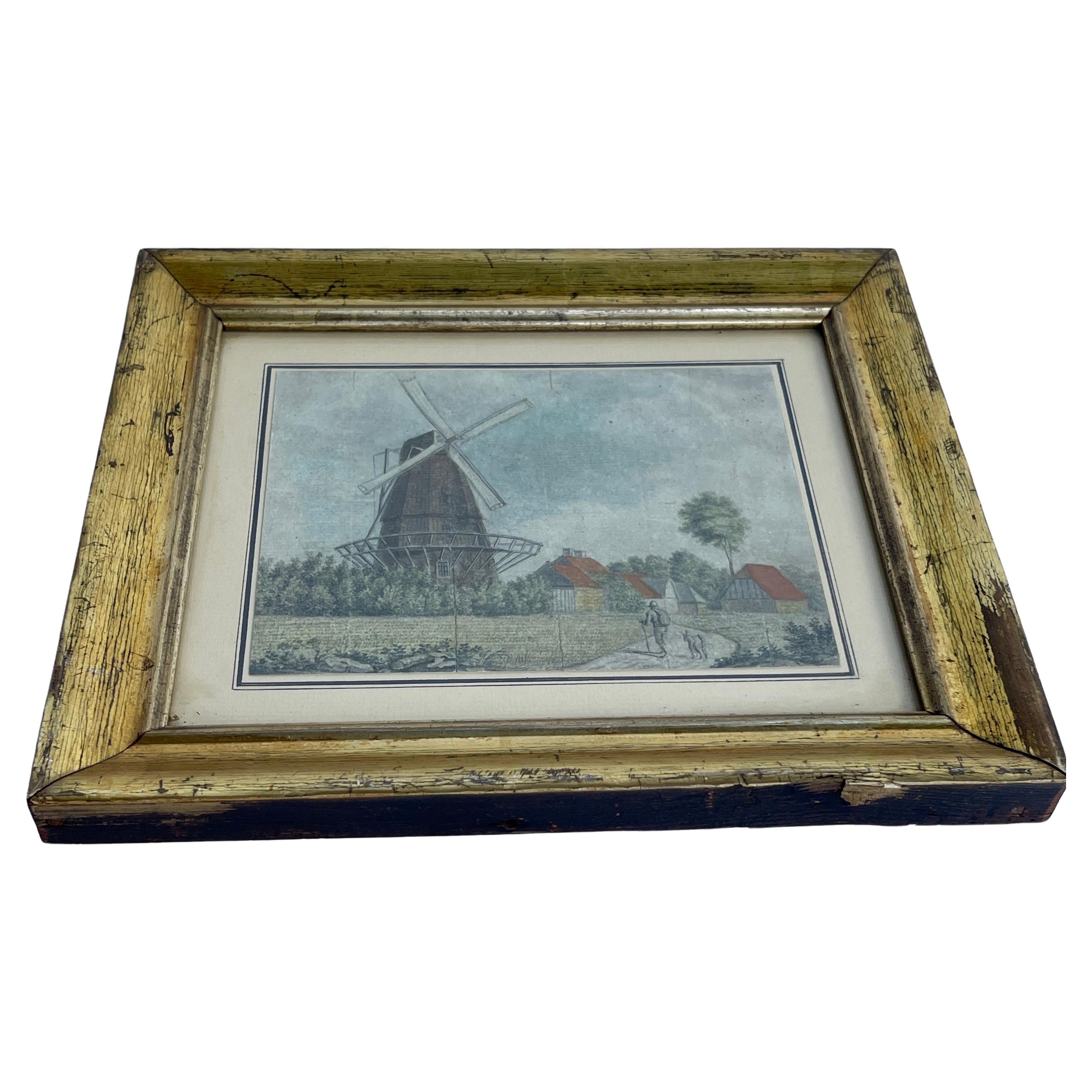 Danish 19th Century Watercoloring Painting of a Windmill in a Period Gilt Wood Frame, Copenhagen circa 1850. 
Signed on the rear, E. L. for EdwardLehman.
Also handwritten in Danish on the rear side: 