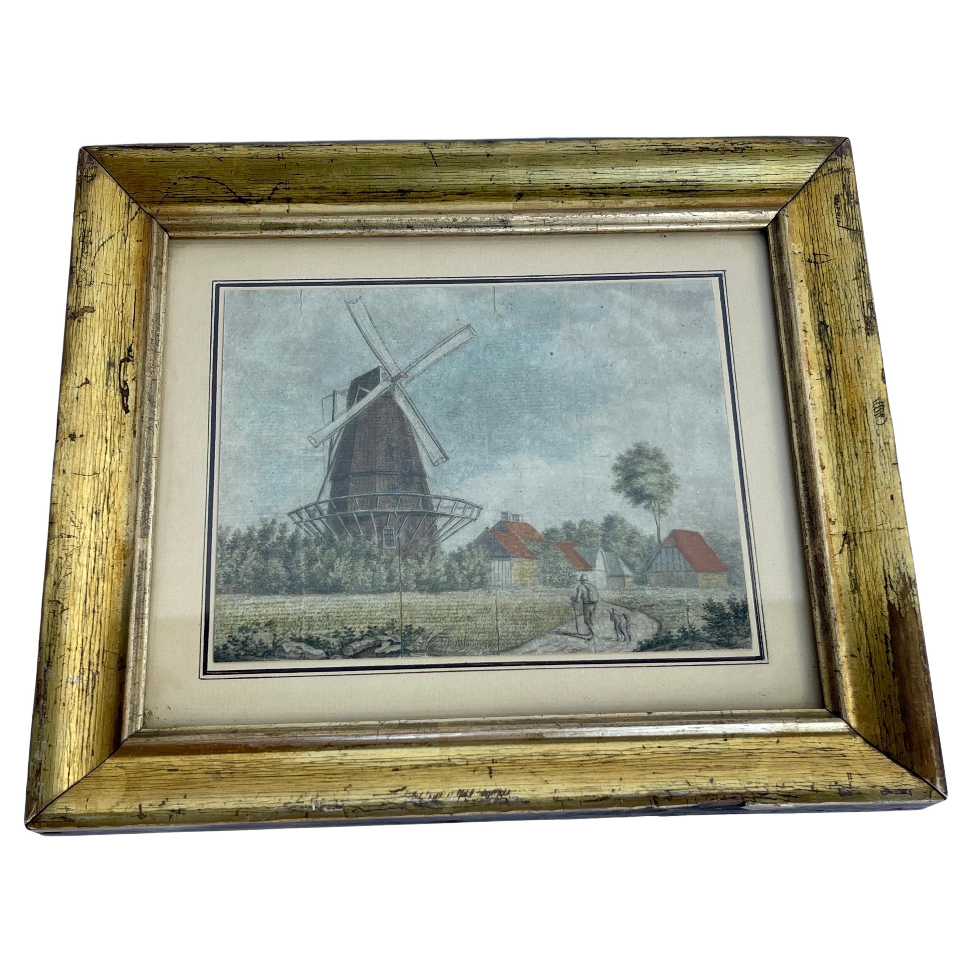 19th Century Gouache Painting of a Copenhagen Windmill, Denmark