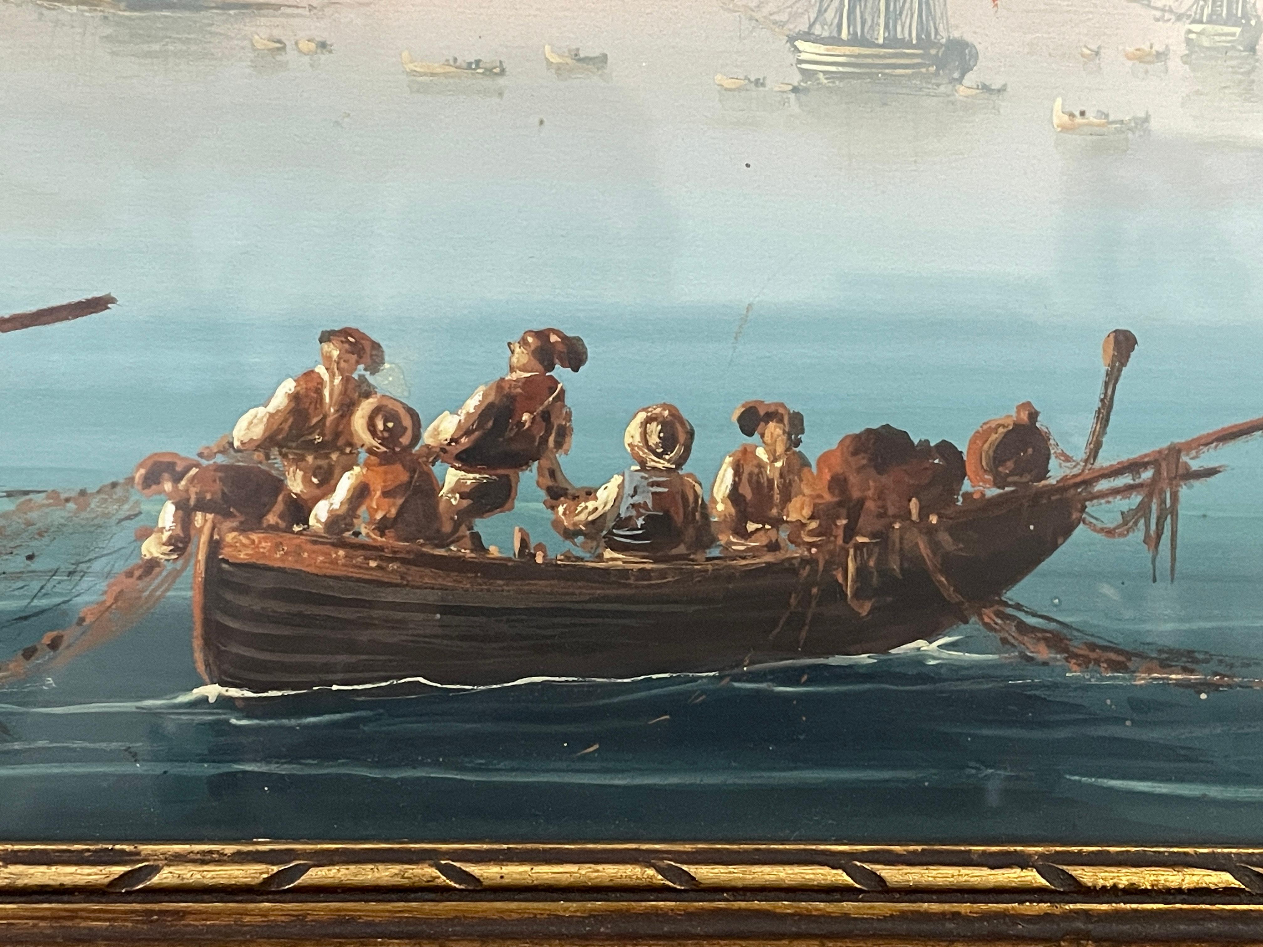 Esplora l'incantevole bellezza di un dipinto a guazzo del XIX secolo che ritrae il golfo di Napoli in Italia. 
Questa squisita opera d'arte, realizzata con il medium acquerello opaco noto come gouache, cattura vividamente i colori vibranti e i