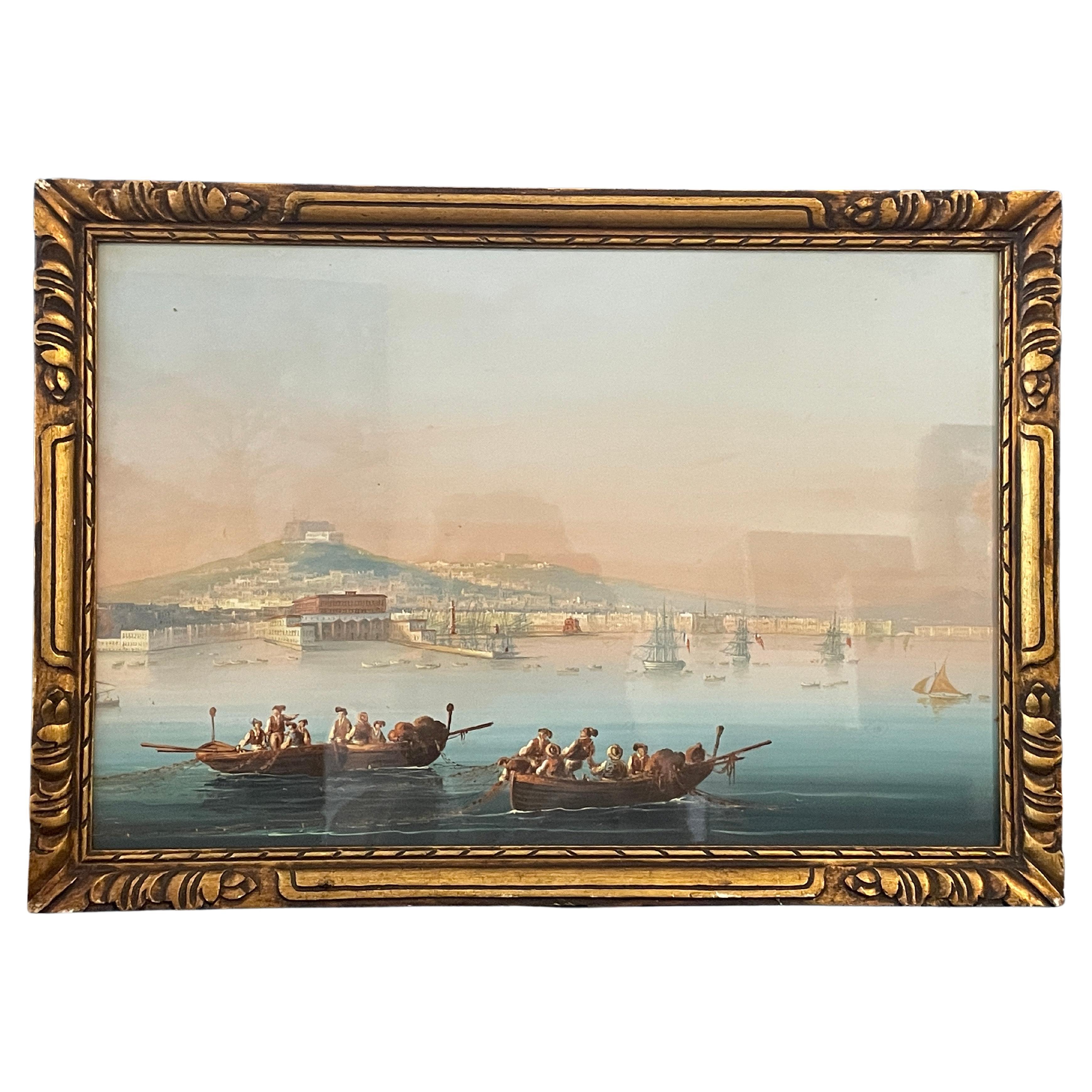 Gouache des 19. Jahrhunderts, „Ansicht des Golfs von Neapel“