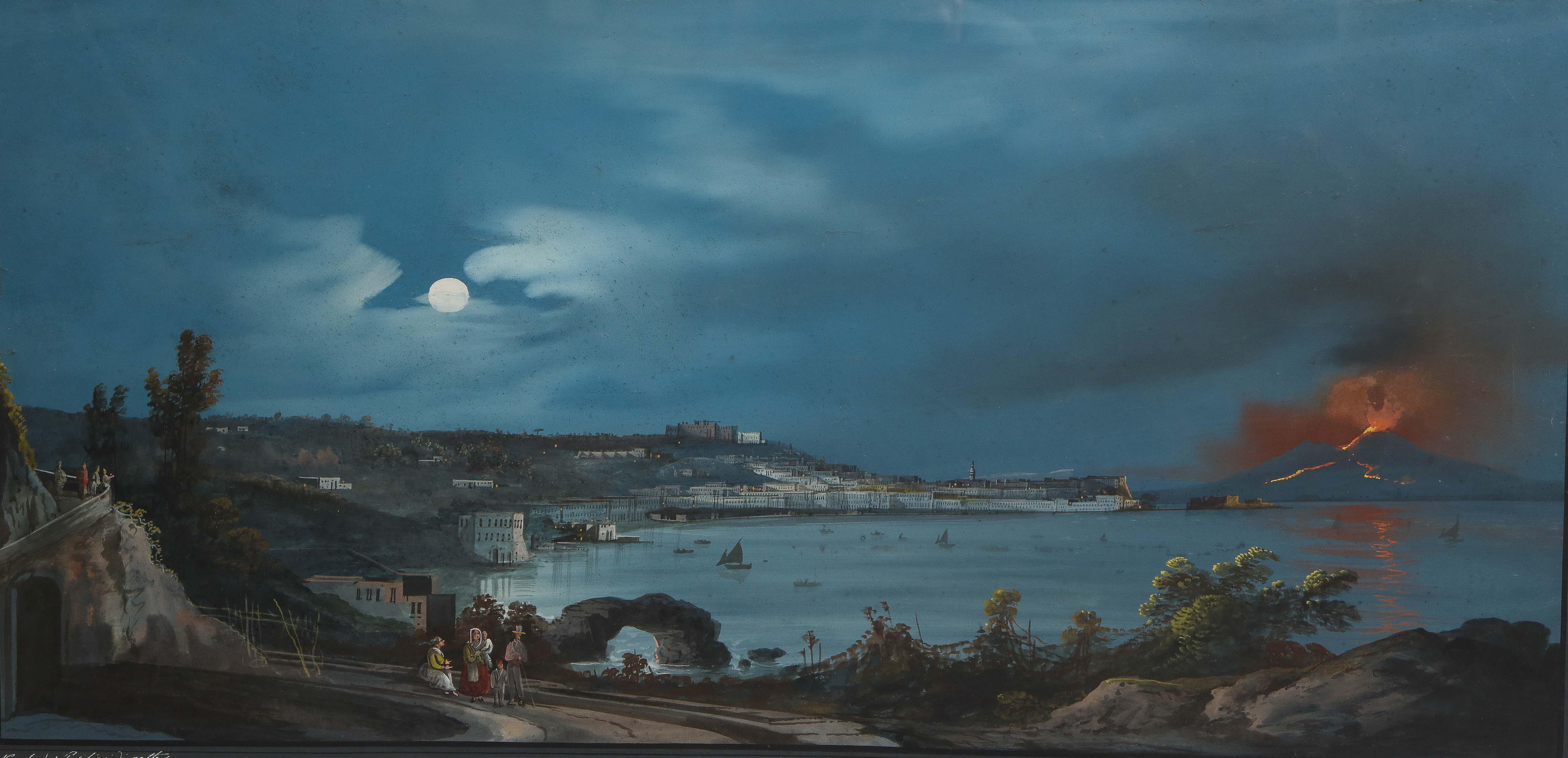 19th century Italian gouache with view of Naples and Vesuvius.