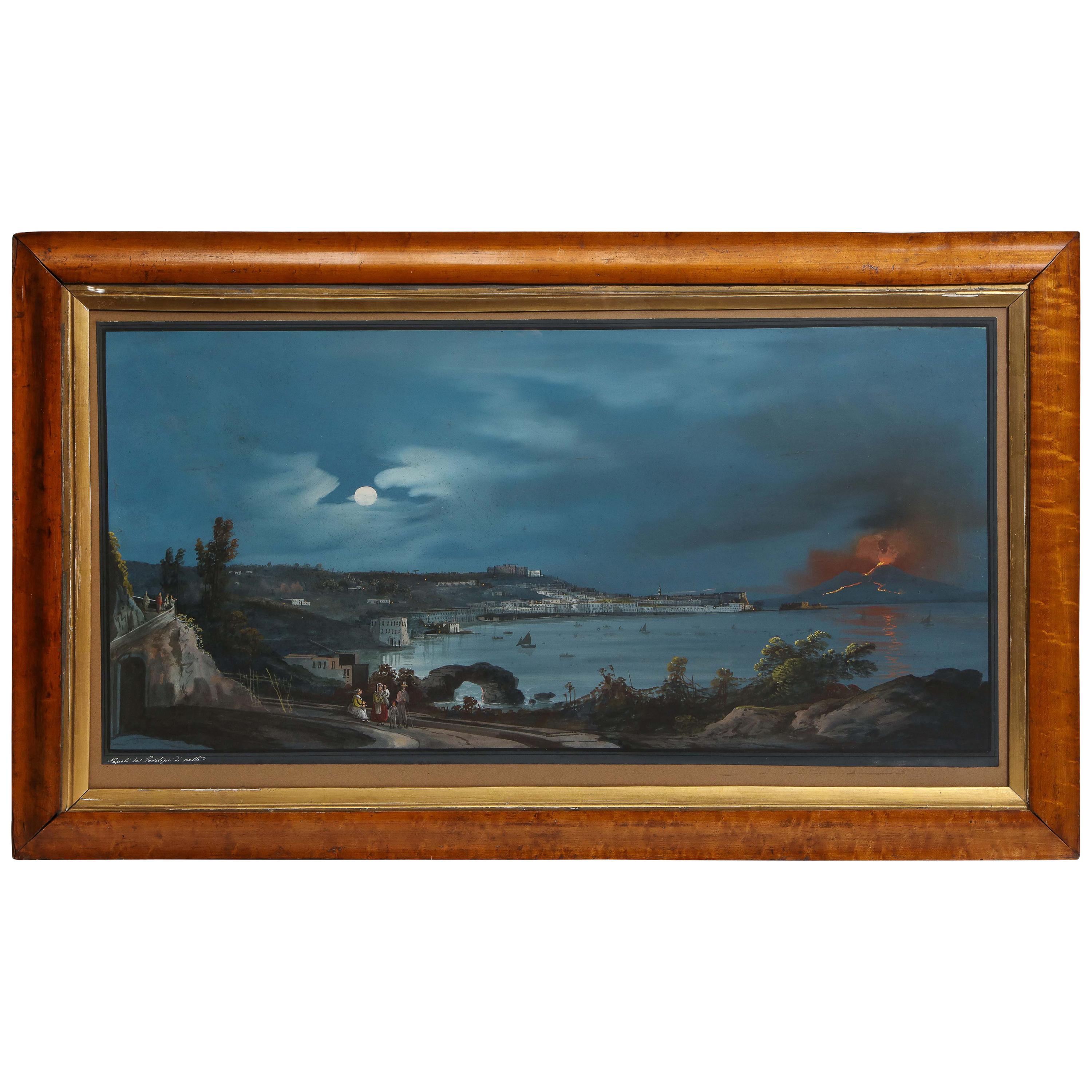 19th Century Gouache With View of Naples and Vesuvius For Sale