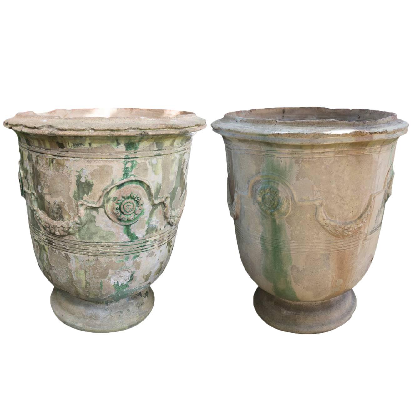 Rare Pair of 19th Century French Grand Anduze Jars in Green and Brown