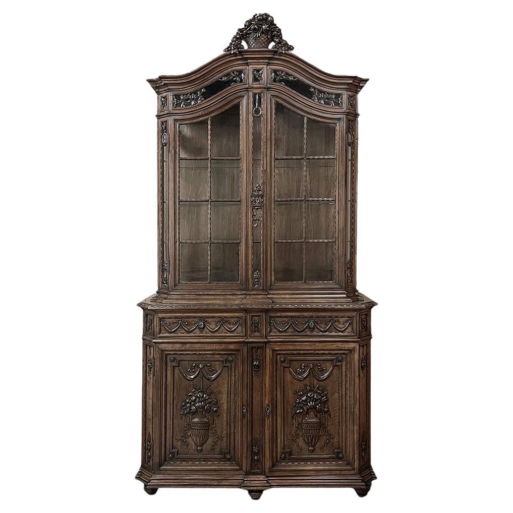 19th Century Grand French Louis XVI Hand Carved Walnut Bookcase For Sale