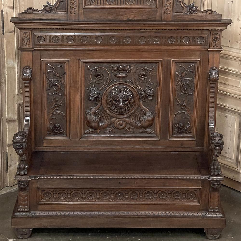 Hand-Carved 19th Century Grand Italian Renaissance Walnut Hall Bench For Sale